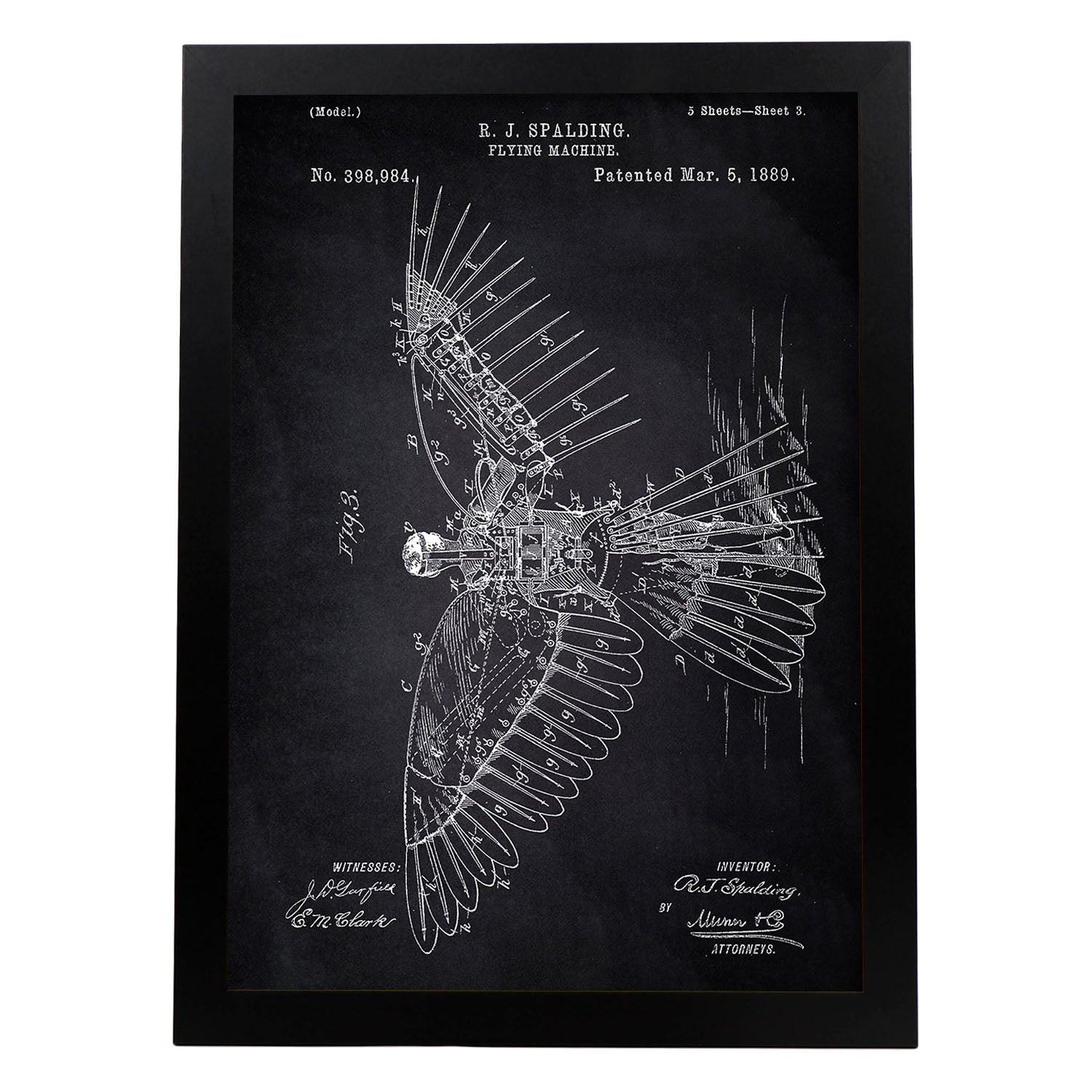 Poster con patente de Alas humanas 2. Lámina con diseño de patente antigua-Artwork-Nacnic-A4-Marco Negro-Nacnic Estudio SL