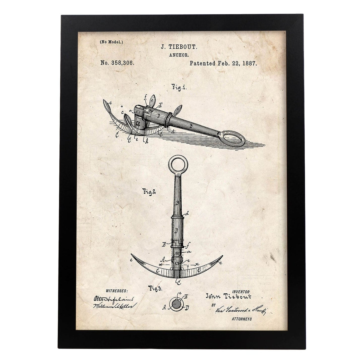 Poster con patente de Ancla. Lámina con diseño de patente antigua.-Artwork-Nacnic-A4-Marco Negro-Nacnic Estudio SL