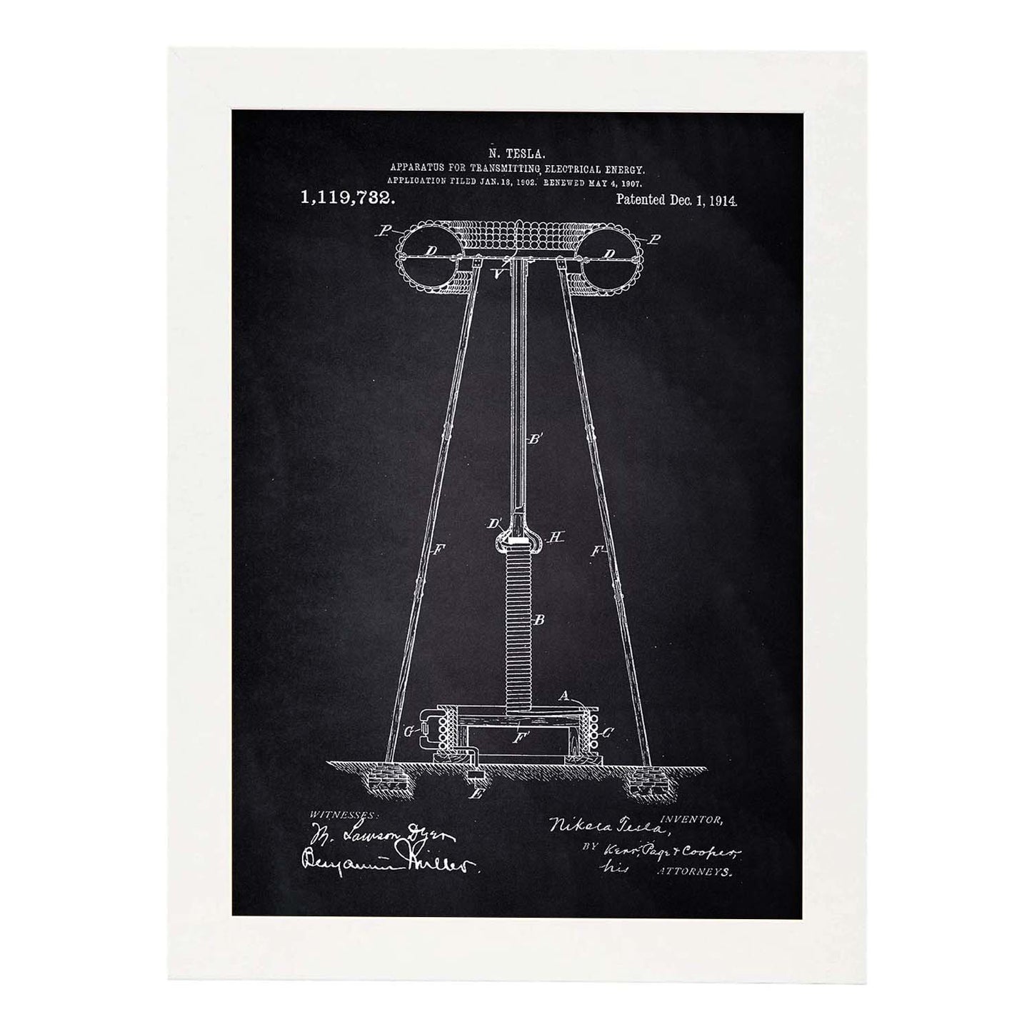 Poster con patente de Aparato de transmision de energia 2. Lámina con diseño de patente antigua-Artwork-Nacnic-A3-Marco Blanco-Nacnic Estudio SL