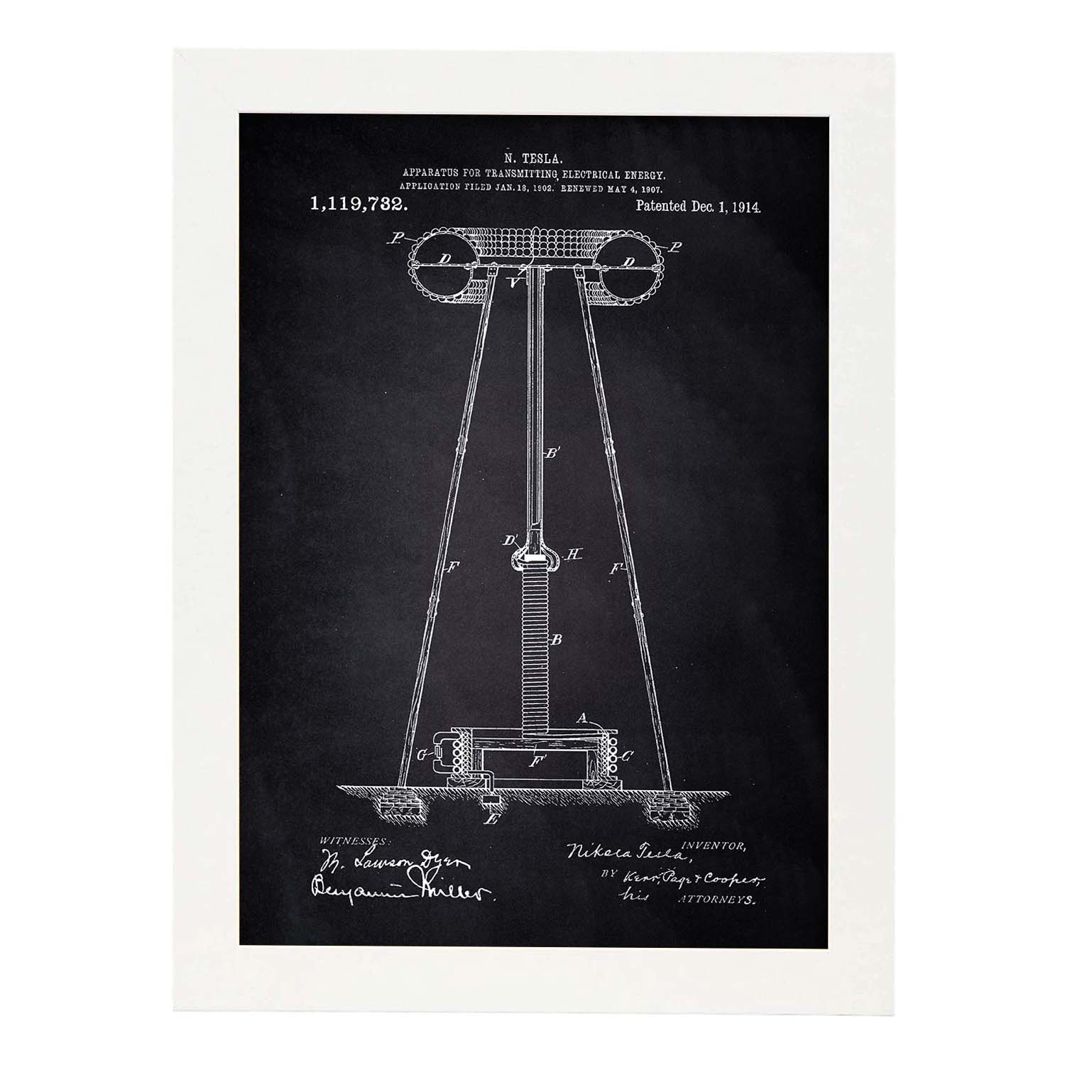 Poster con patente de Aparato de transmision de energia 2. Lámina con diseño de patente antigua-Artwork-Nacnic-A3-Marco Blanco-Nacnic Estudio SL