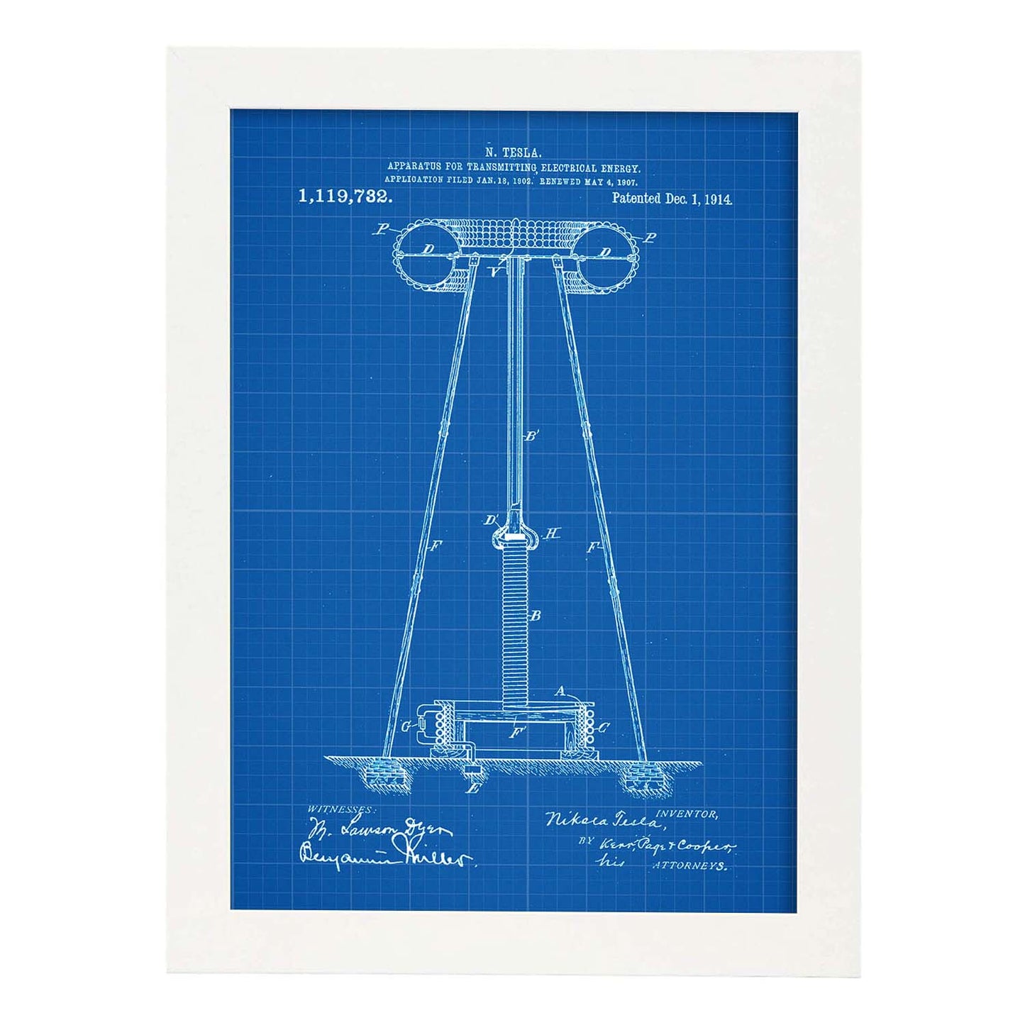 Poster con patente de Aparato de transmision de energia 2. Lámina con diseño de patente antigua-Artwork-Nacnic-A3-Marco Blanco-Nacnic Estudio SL