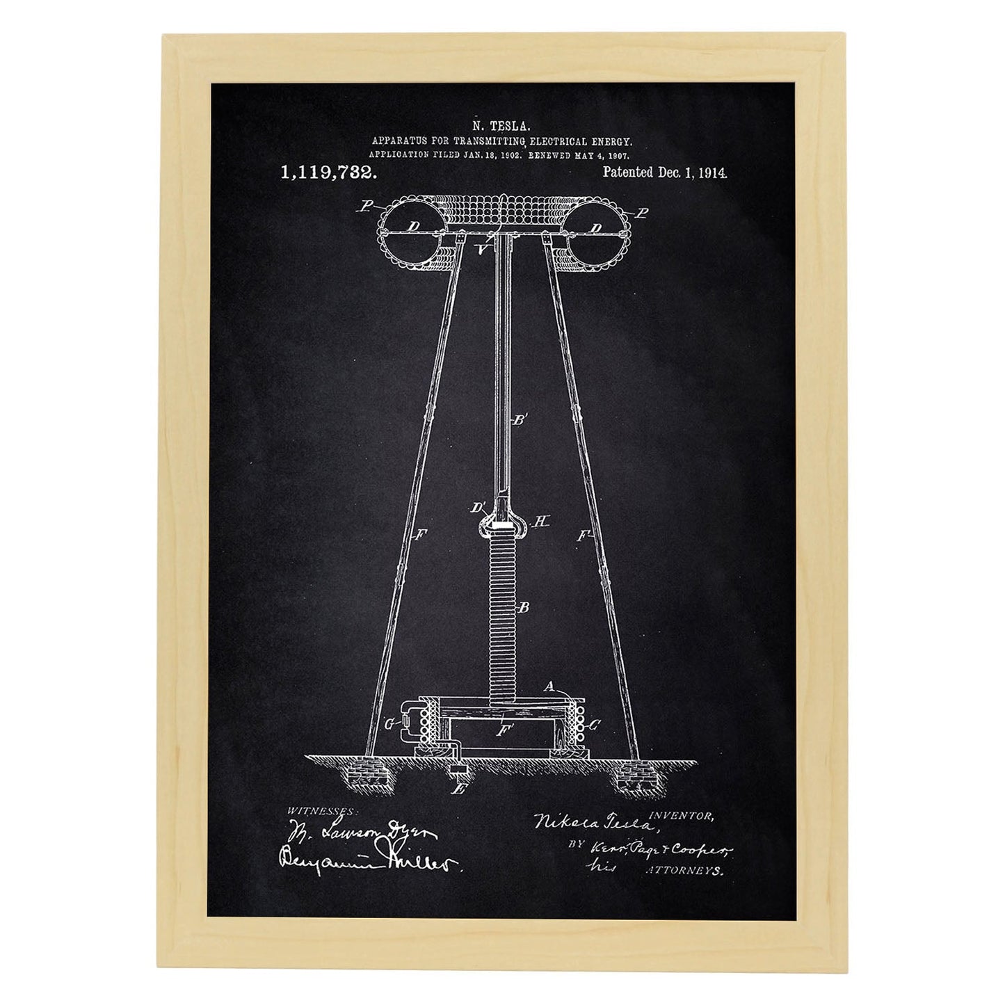 Poster con patente de Aparato de transmision de energia 2. Lámina con diseño de patente antigua-Artwork-Nacnic-A3-Marco Madera clara-Nacnic Estudio SL