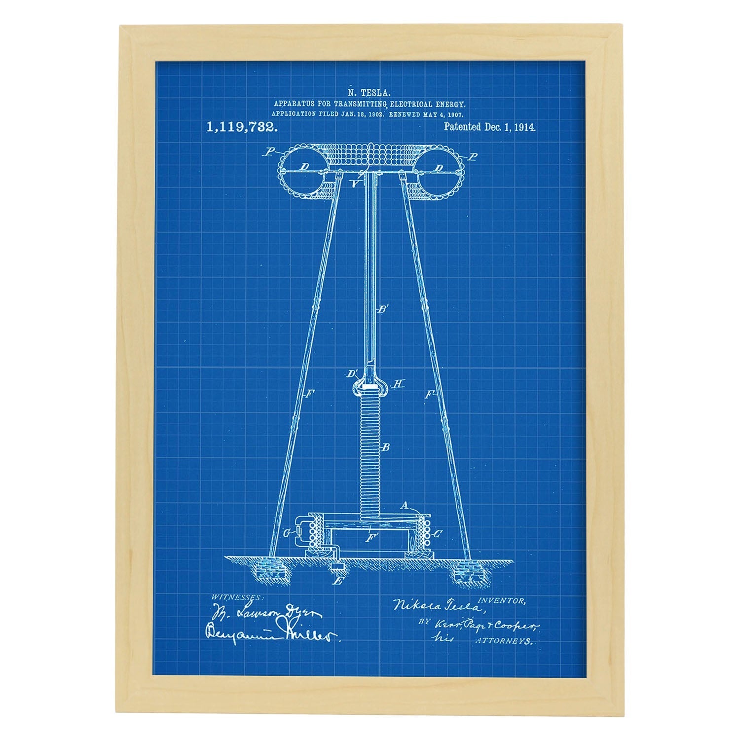 Poster con patente de Aparato de transmision de energia 2. Lámina con diseño de patente antigua-Artwork-Nacnic-A3-Marco Madera clara-Nacnic Estudio SL