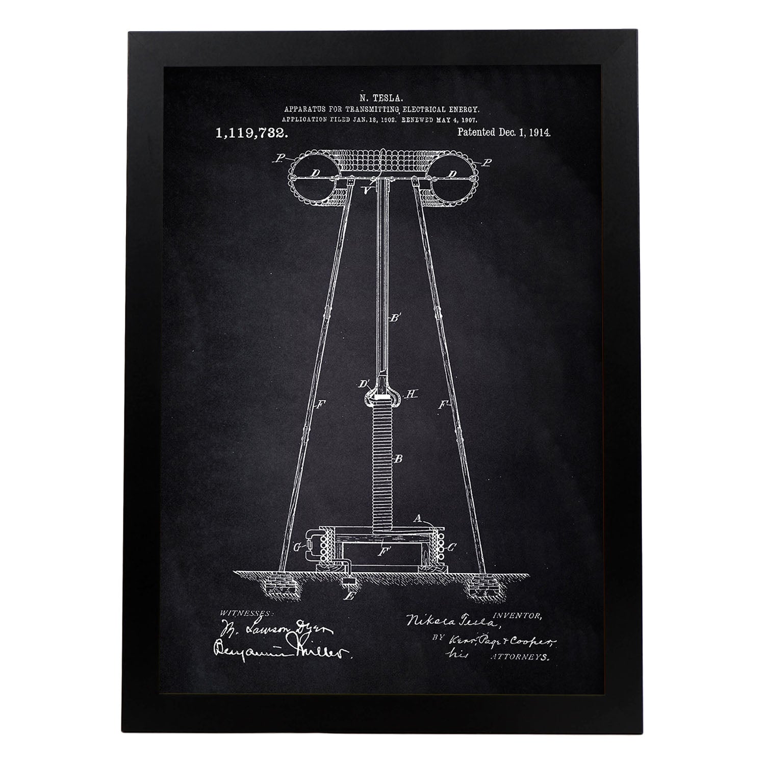 Poster con patente de Aparato de transmision de energia 2. Lámina con diseño de patente antigua-Artwork-Nacnic-A3-Marco Negro-Nacnic Estudio SL