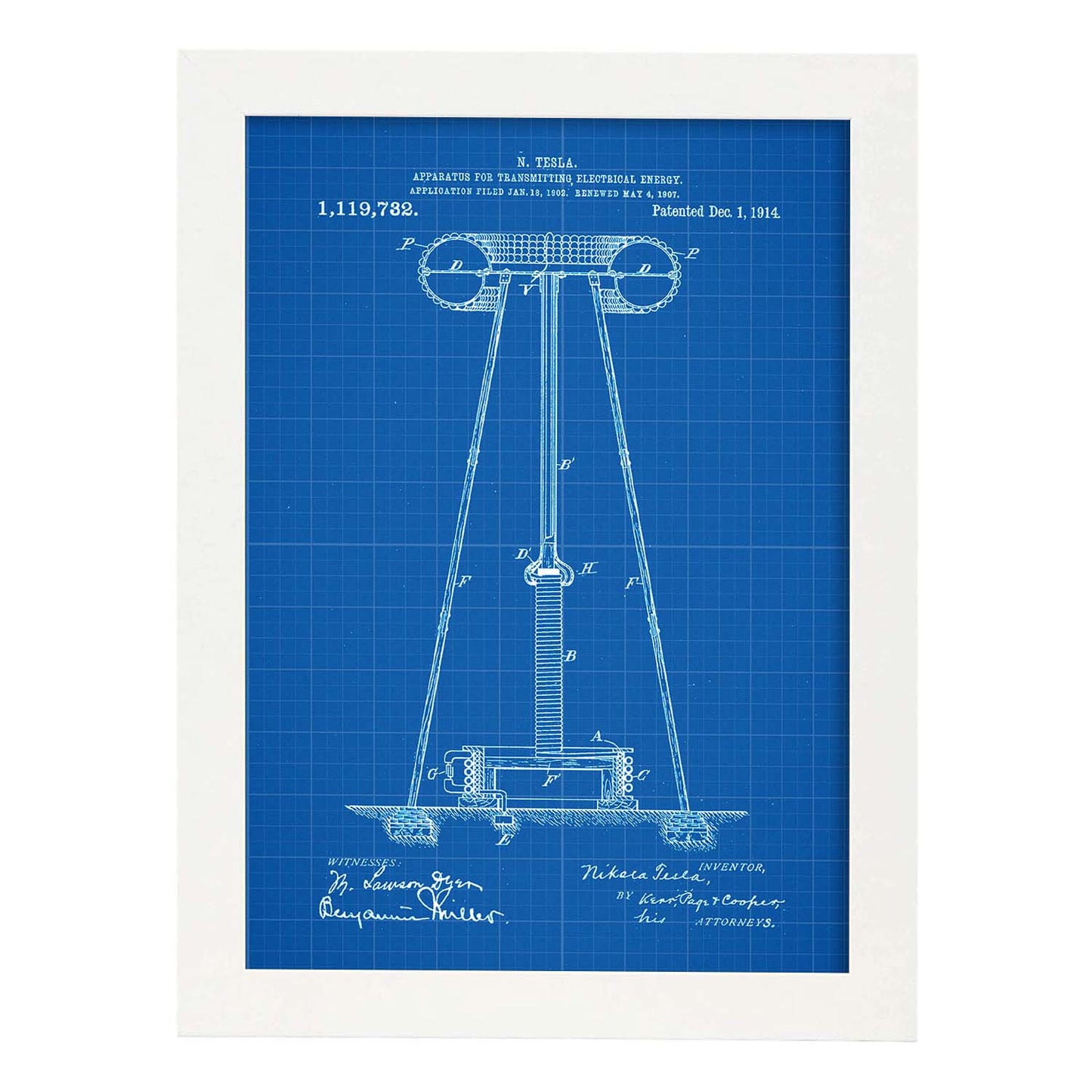 Poster con patente de Aparato de transmision de energia 2. Lámina con diseño de patente antigua-Artwork-Nacnic-A4-Marco Blanco-Nacnic Estudio SL