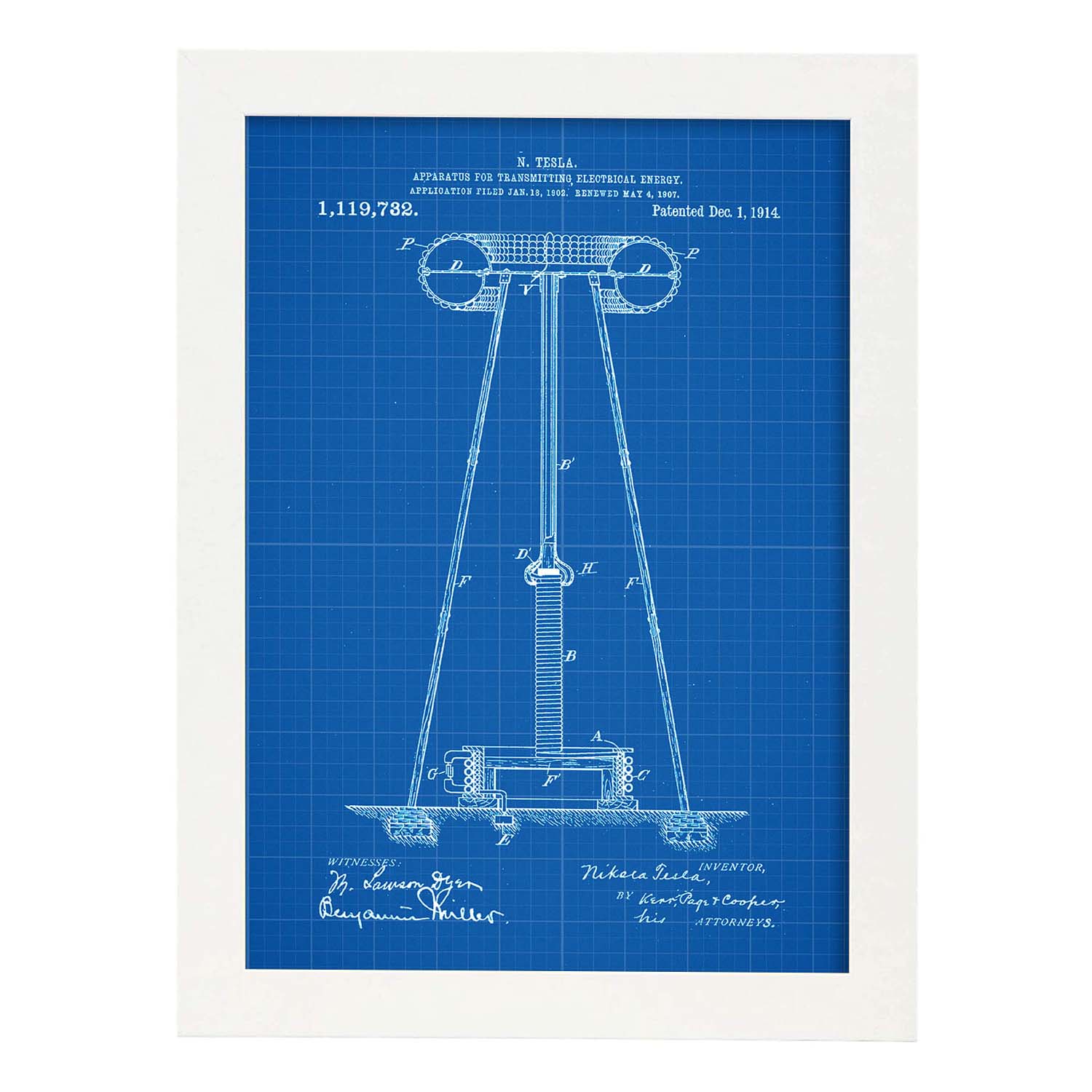 Poster con patente de Aparato de transmision de energia 2. Lámina con diseño de patente antigua-Artwork-Nacnic-A4-Marco Blanco-Nacnic Estudio SL