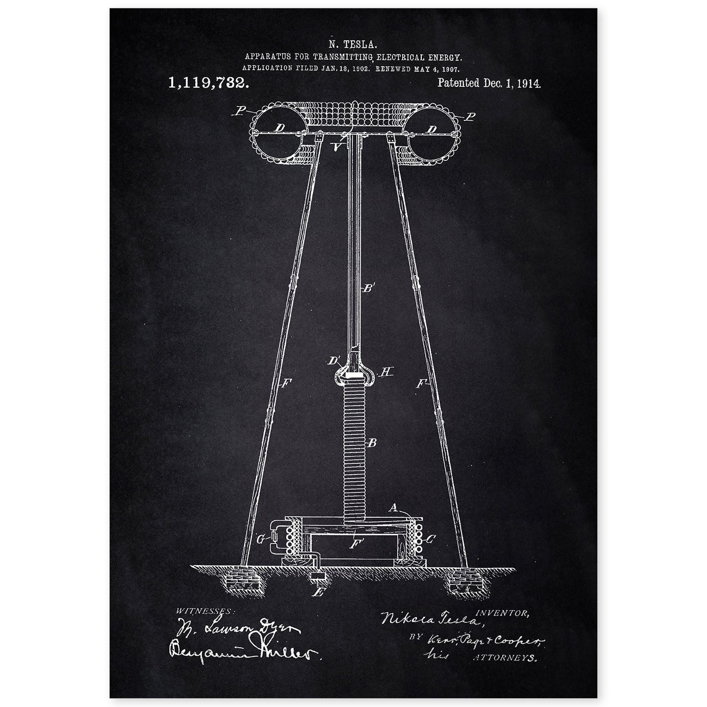 Poster con patente de Aparato de transmision de energia 2. Lámina con diseño de patente antigua-Artwork-Nacnic-A4-Sin marco-Nacnic Estudio SL