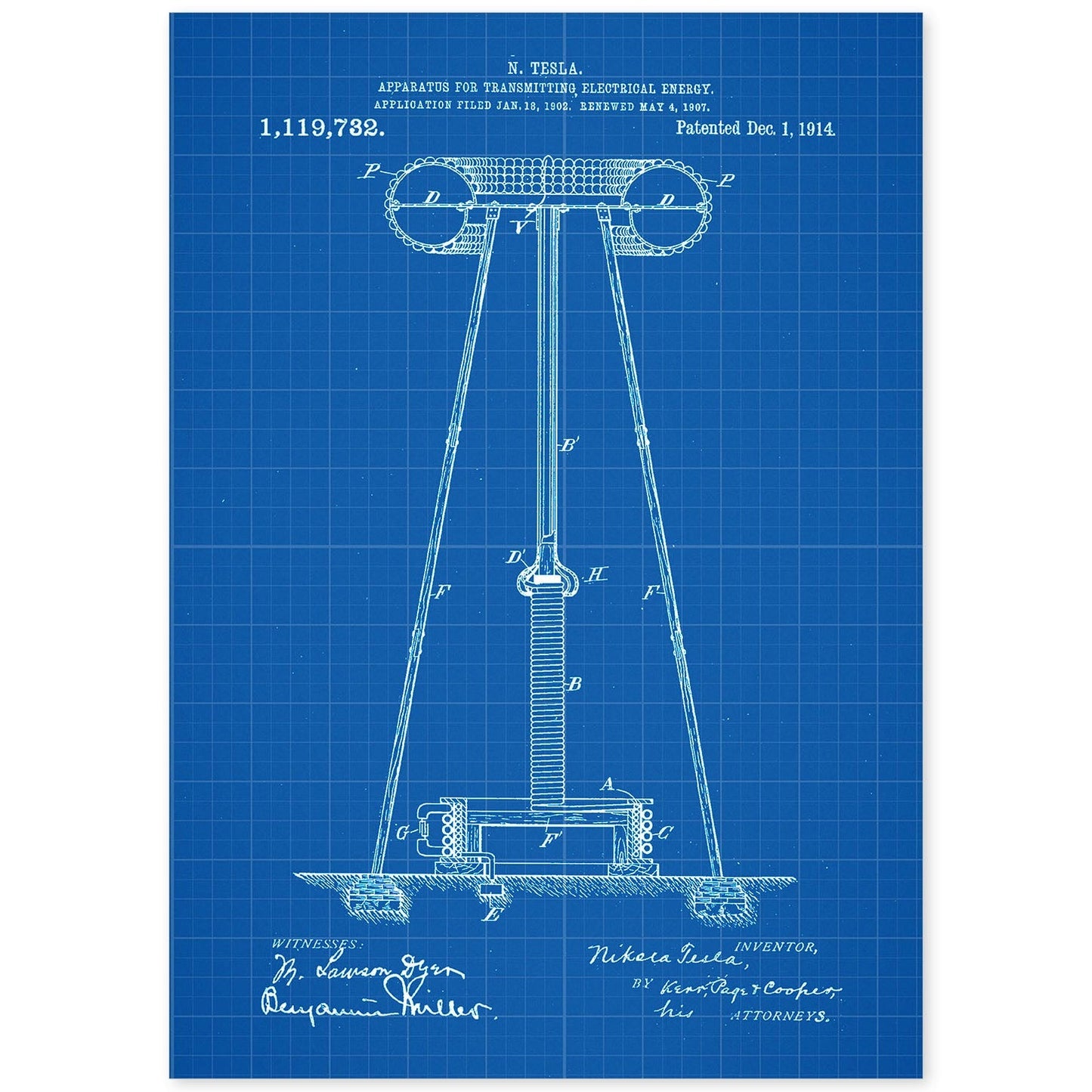 Poster con patente de Aparato de transmision de energia 2. Lámina con diseño de patente antigua-Artwork-Nacnic-A4-Sin marco-Nacnic Estudio SL
