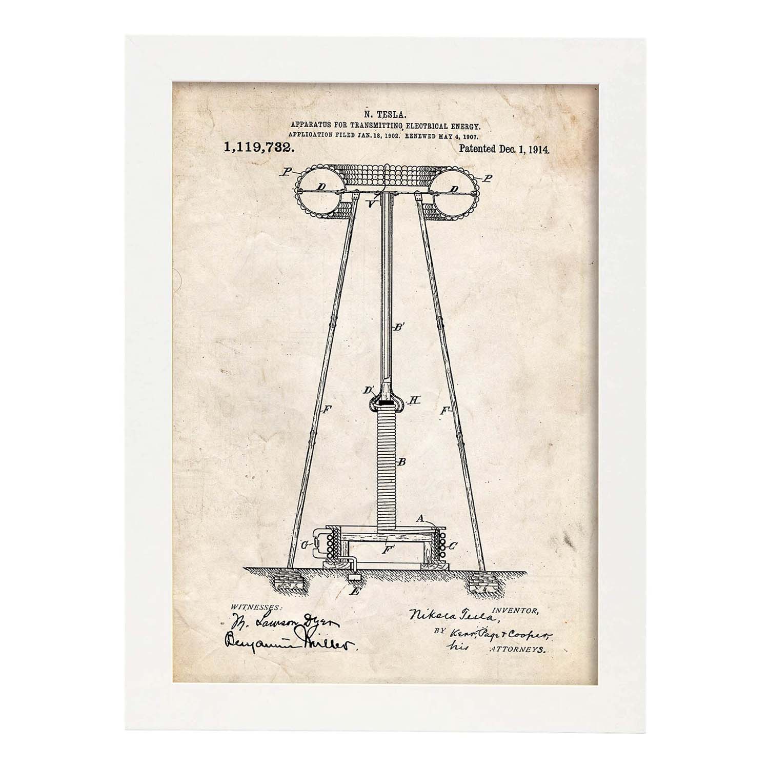 Poster con patente de Aparato de transmision de energia 2. Lámina con diseño de patente antigua.-Artwork-Nacnic-A3-Marco Blanco-Nacnic Estudio SL