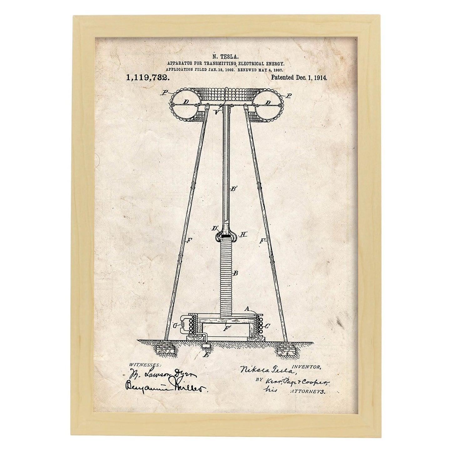 Poster con patente de Aparato de transmision de energia 2. Lámina con diseño de patente antigua.-Artwork-Nacnic-A3-Marco Madera clara-Nacnic Estudio SL