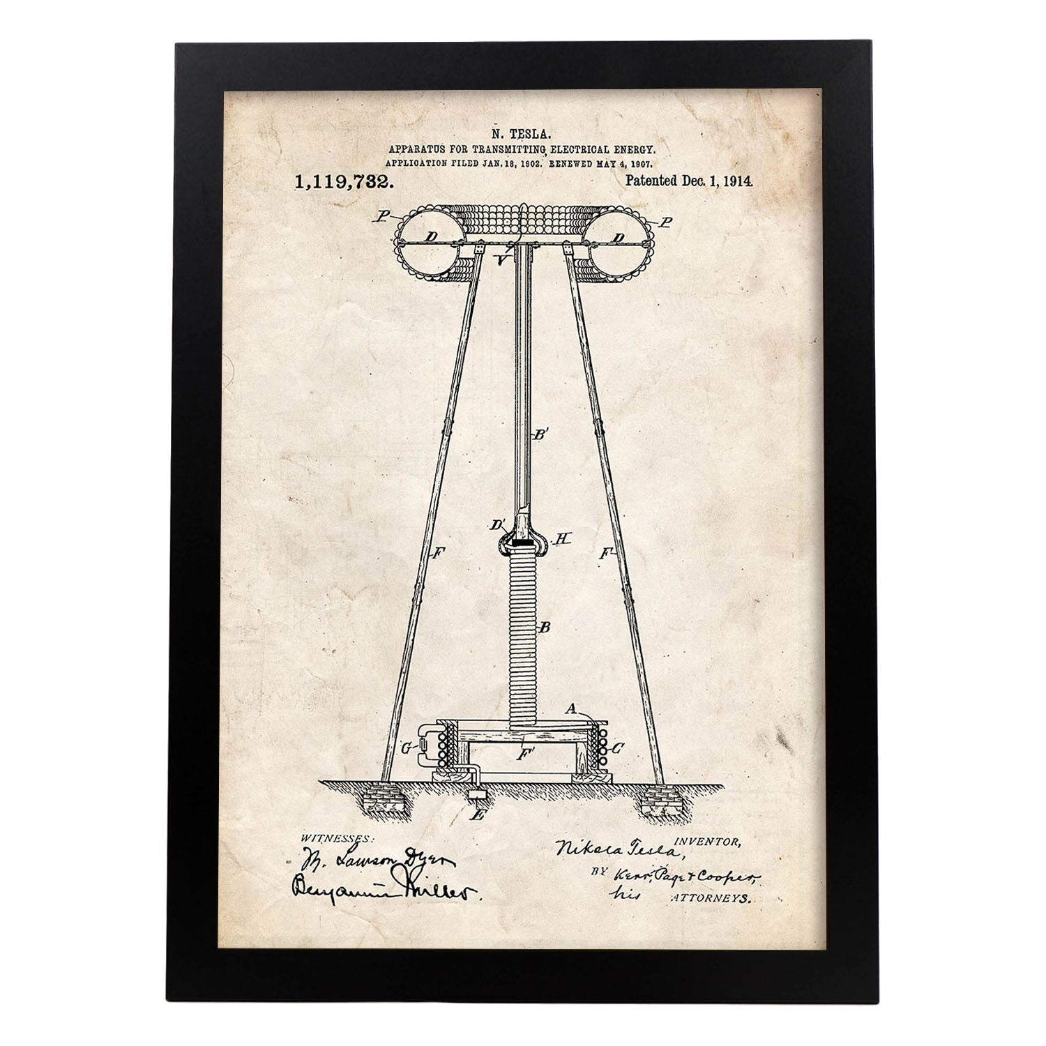 Poster con patente de Aparato de transmision de energia 2. Lámina con diseño de patente antigua.-Artwork-Nacnic-A3-Marco Negro-Nacnic Estudio SL