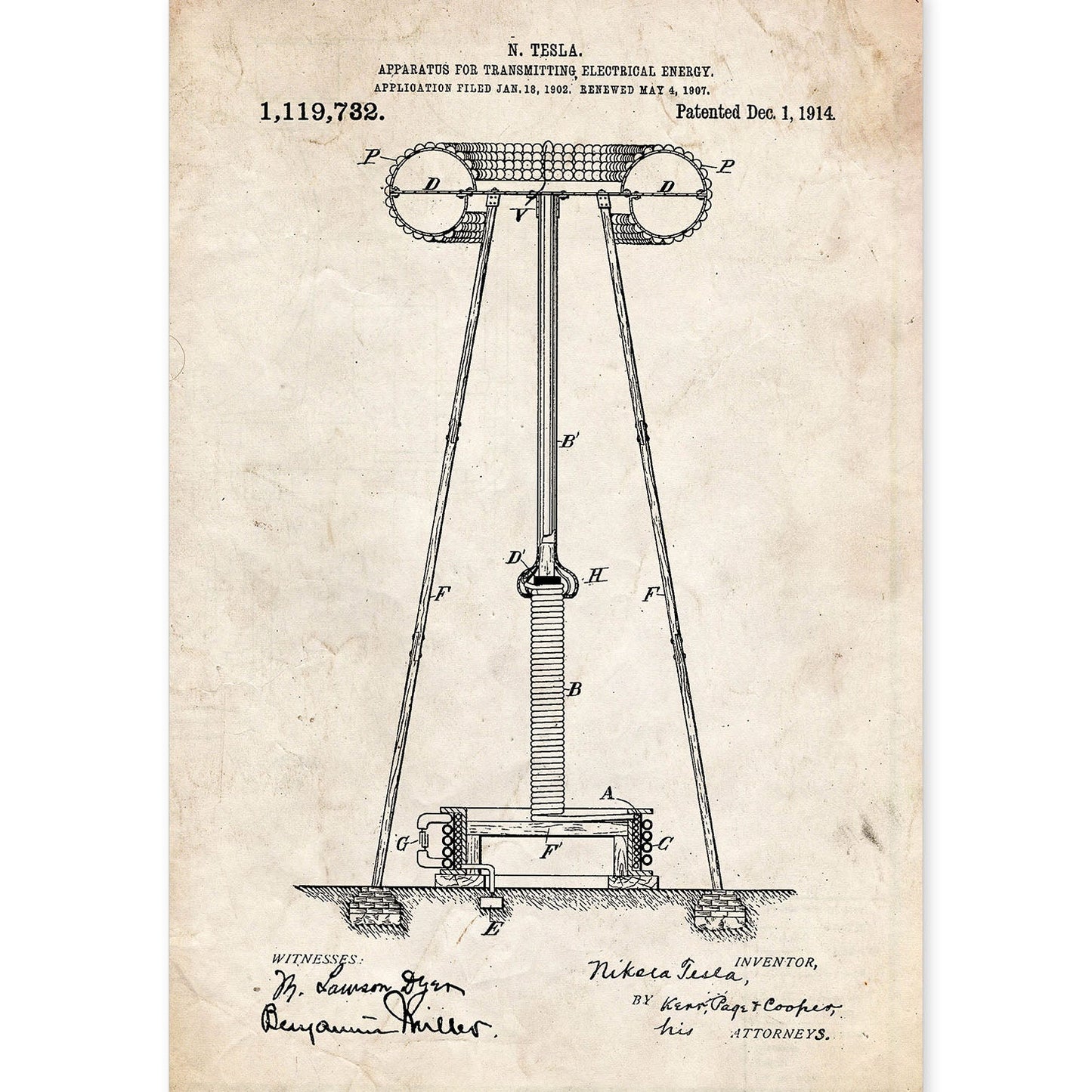 Poster con patente de Aparato de transmision de energia 2. Lámina con diseño de patente antigua.-Artwork-Nacnic-A4-Sin marco-Nacnic Estudio SL