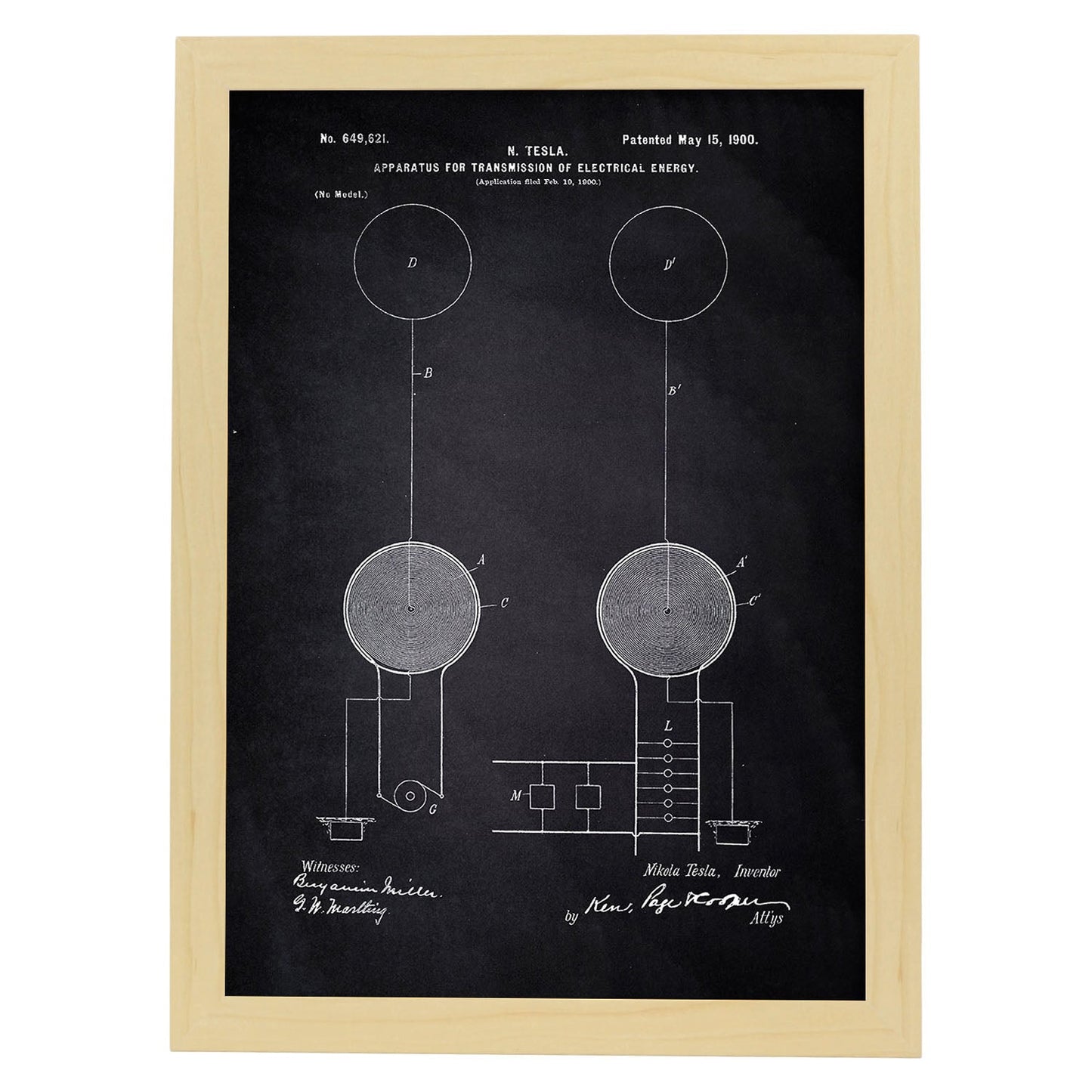 Poster con patente de Aparato de transmision de energia. Lámina con diseño de patente antigua-Artwork-Nacnic-A3-Marco Madera clara-Nacnic Estudio SL