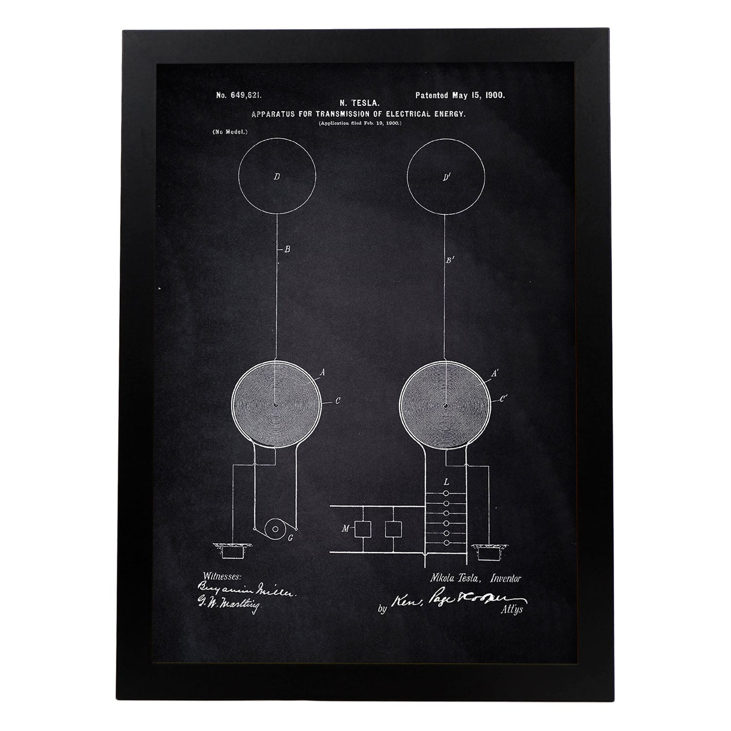 Poster con patente de Aparato de transmision de energia. Lámina con diseño de patente antigua-Artwork-Nacnic-A3-Marco Negro-Nacnic Estudio SL