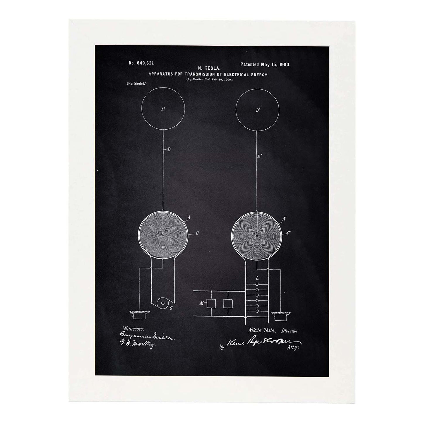 Poster con patente de Aparato de transmision de energia. Lámina con diseño de patente antigua-Artwork-Nacnic-A4-Marco Blanco-Nacnic Estudio SL