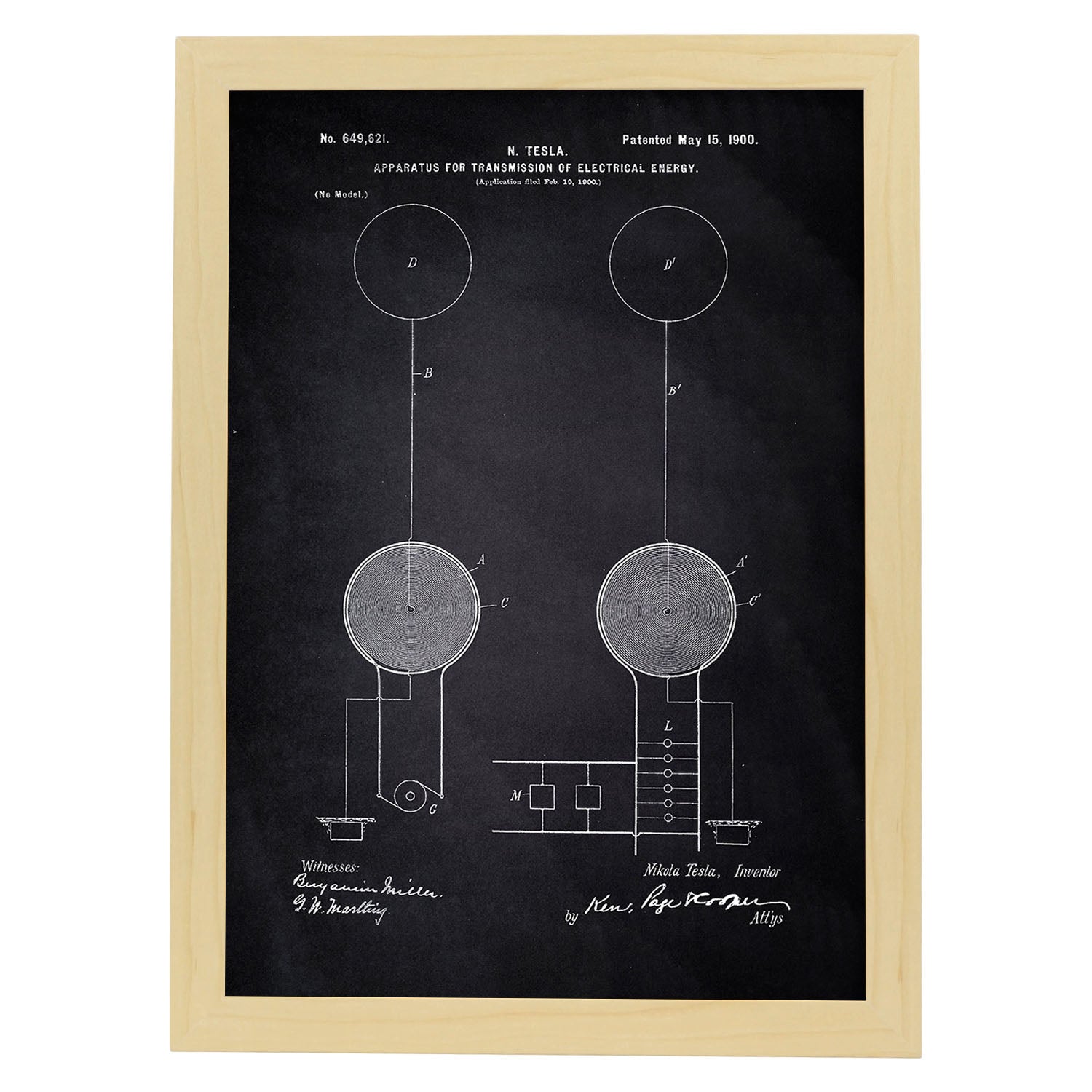 Poster con patente de Aparato de transmision de energia. Lámina con diseño de patente antigua-Artwork-Nacnic-A4-Marco Madera clara-Nacnic Estudio SL