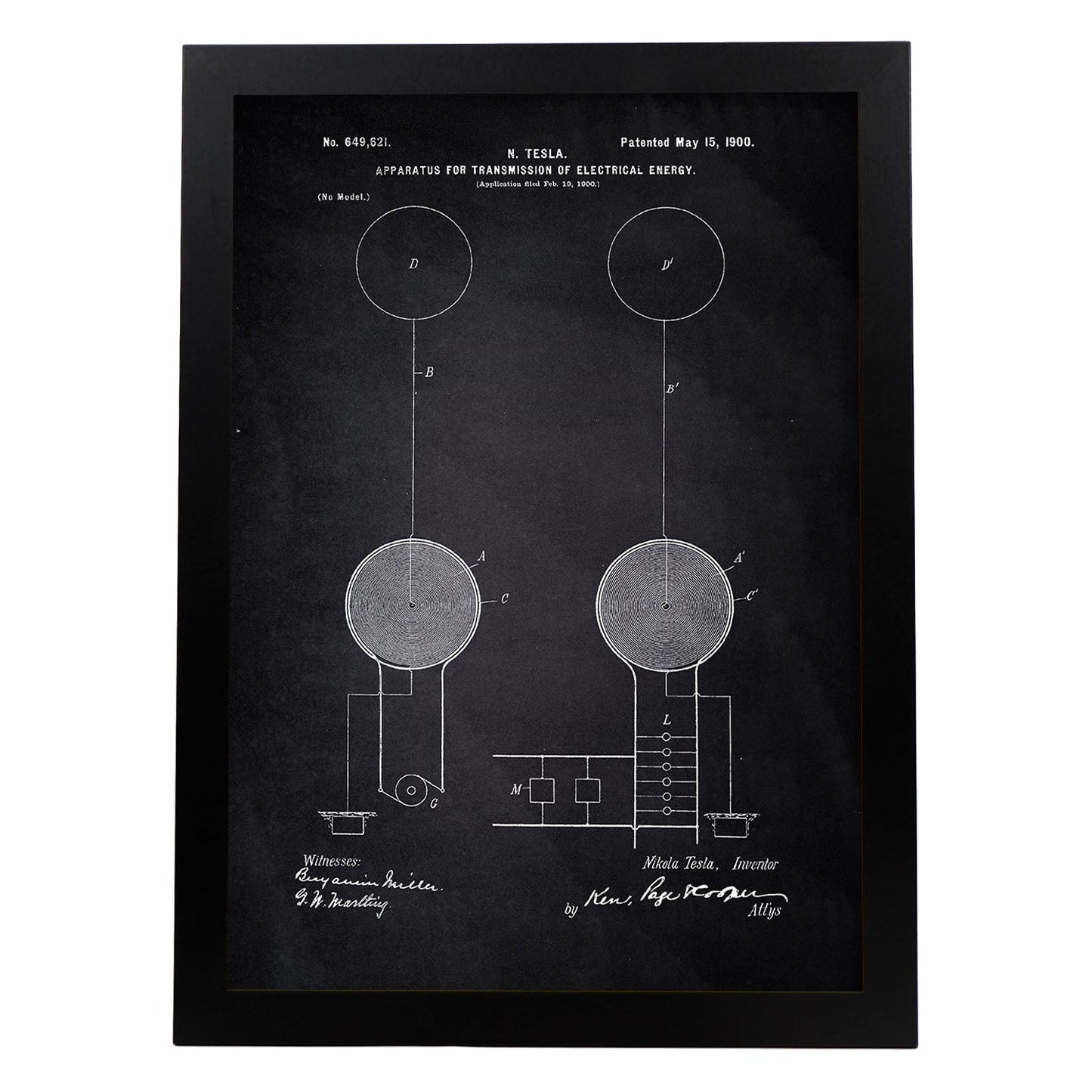 Poster con patente de Aparato de transmision de energia. Lámina con diseño de patente antigua-Artwork-Nacnic-A4-Marco Negro-Nacnic Estudio SL