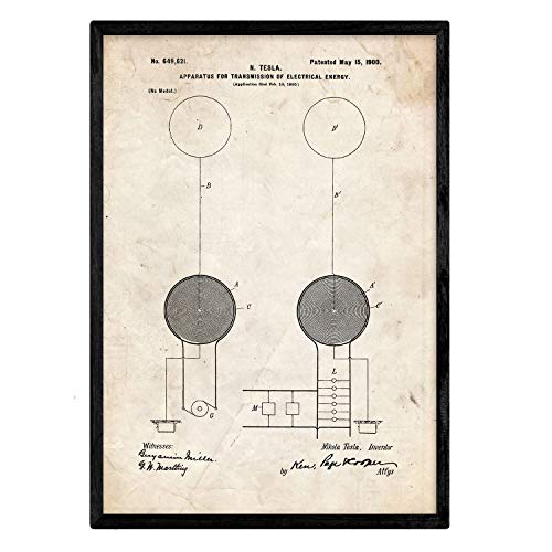 Poster con patente de Aparato de transmision de energia. Lámina con diseño de patente antigua.-Artwork-Nacnic-Nacnic Estudio SL