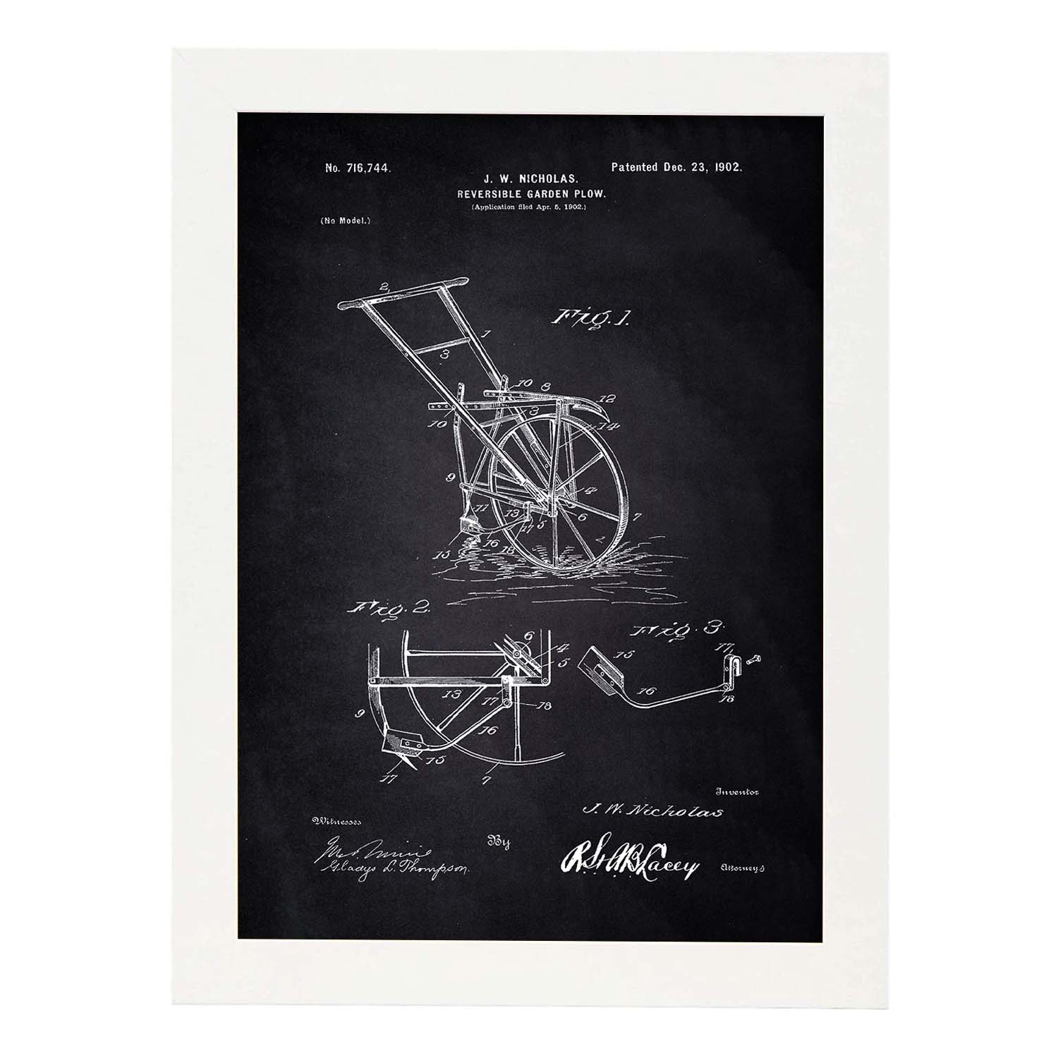 Poster con patente de Arado simple. Lámina con diseño de patente antigua-Artwork-Nacnic-A4-Marco Blanco-Nacnic Estudio SL