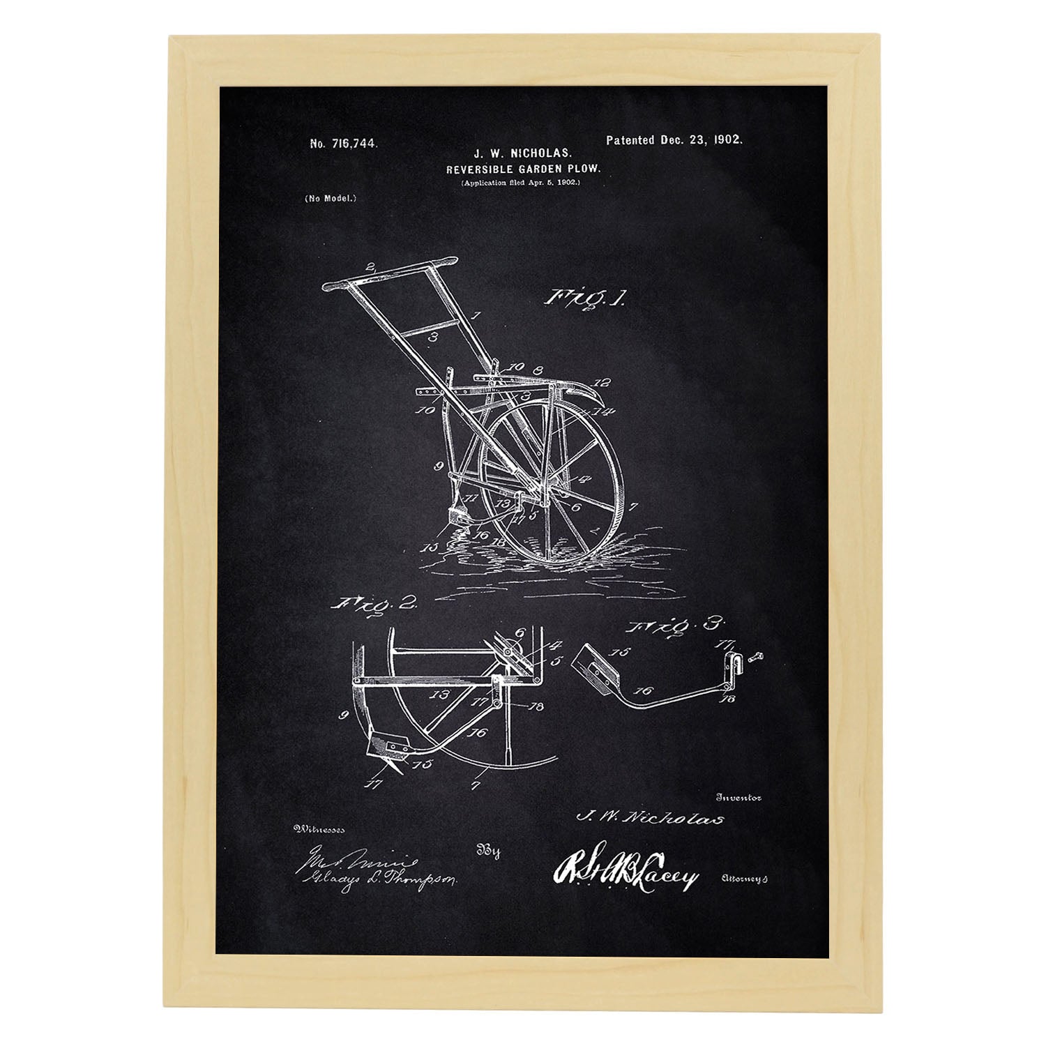 Poster con patente de Arado simple. Lámina con diseño de patente antigua-Artwork-Nacnic-A4-Marco Madera clara-Nacnic Estudio SL
