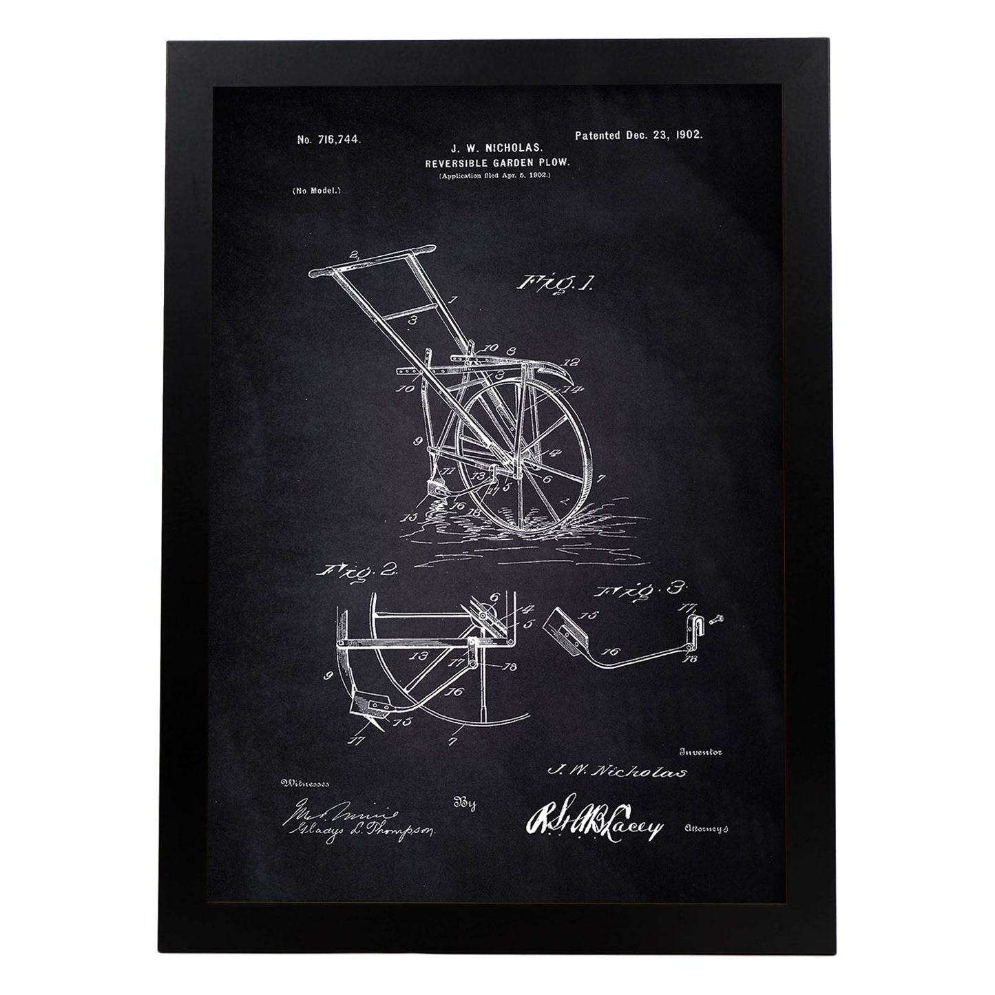Poster con patente de Arado simple. Lámina con diseño de patente antigua-Artwork-Nacnic-A4-Marco Negro-Nacnic Estudio SL