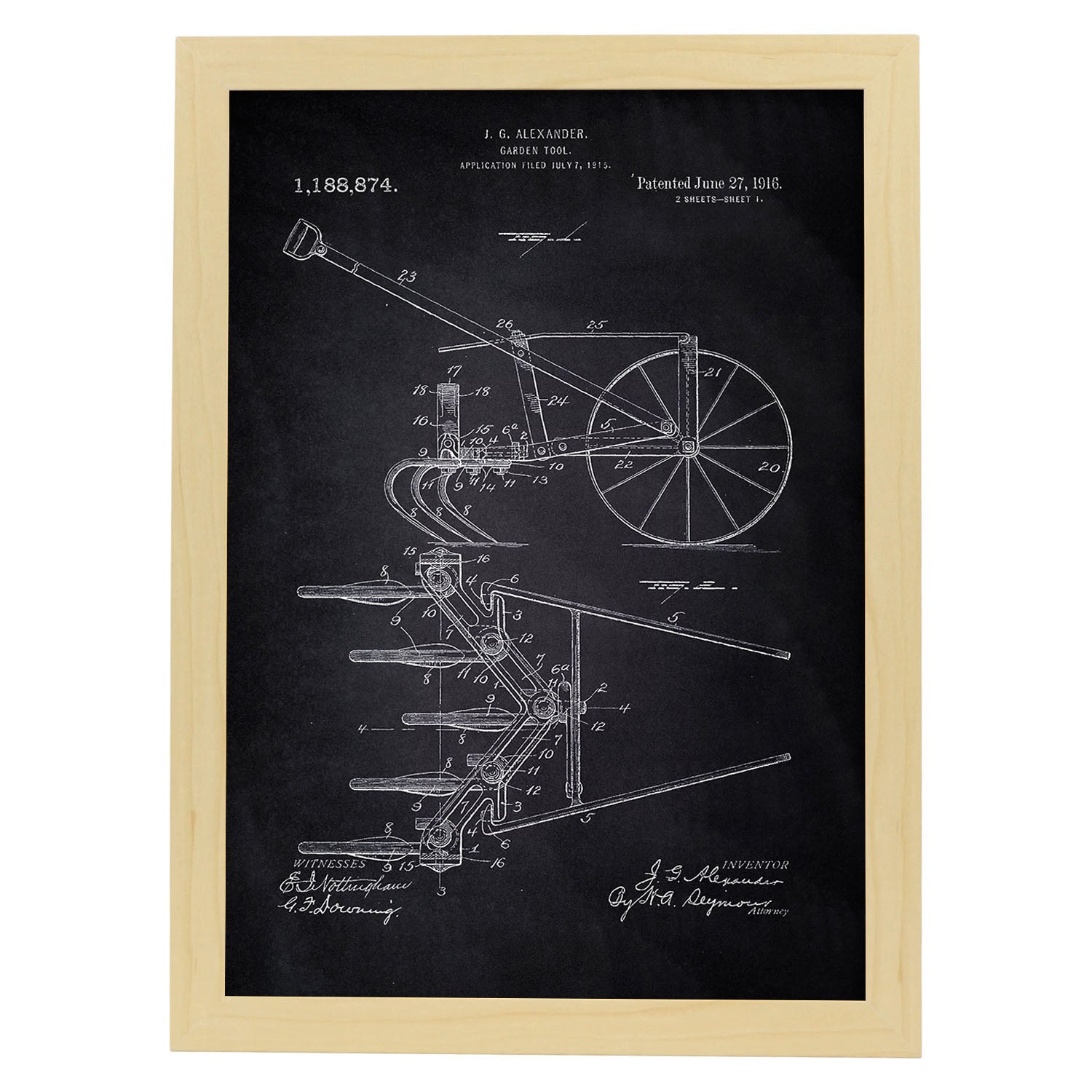 Poster con patente de Arado. Lámina con diseño de patente antigua-Artwork-Nacnic-A4-Marco Madera clara-Nacnic Estudio SL