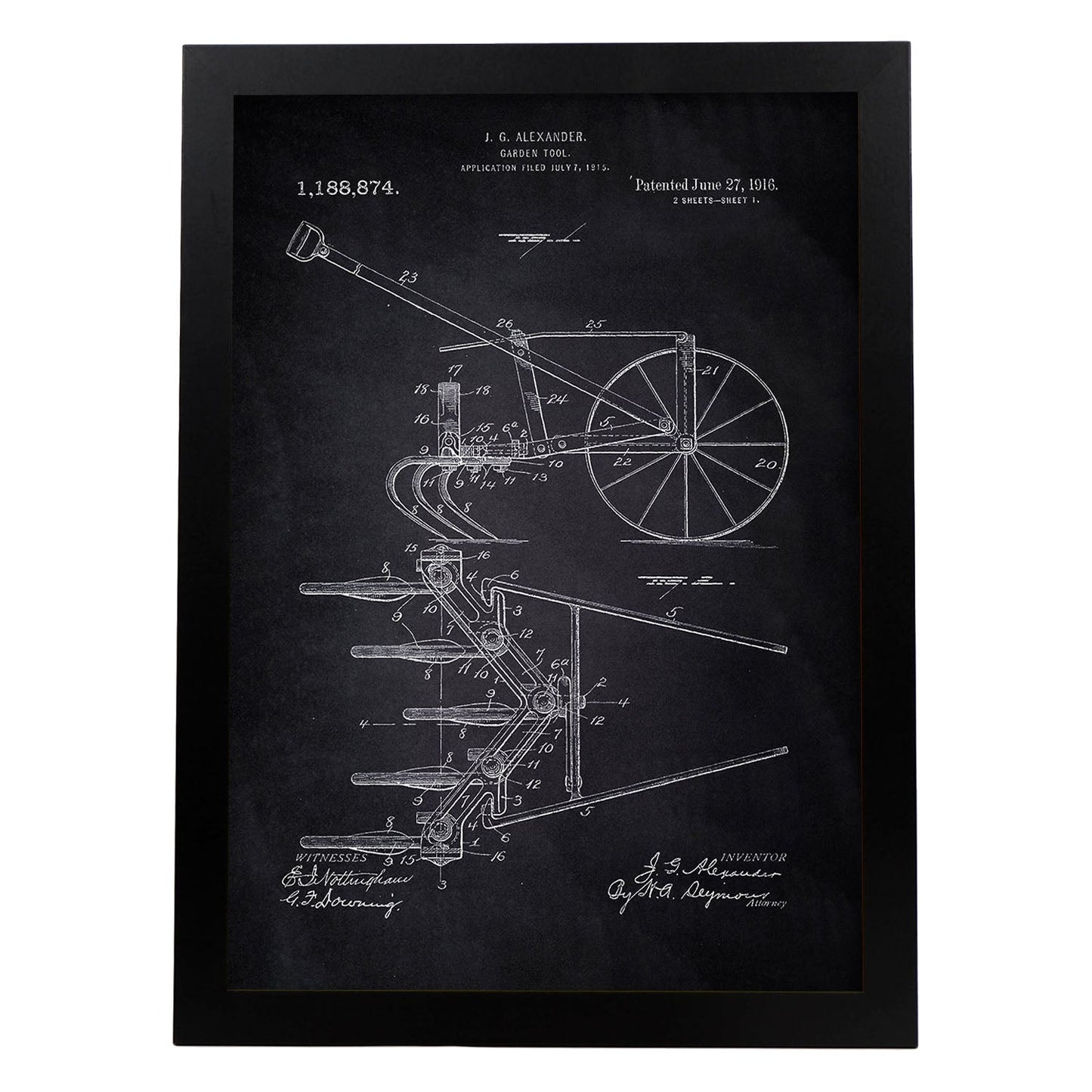Poster con patente de Arado. Lámina con diseño de patente antigua-Artwork-Nacnic-A4-Marco Negro-Nacnic Estudio SL