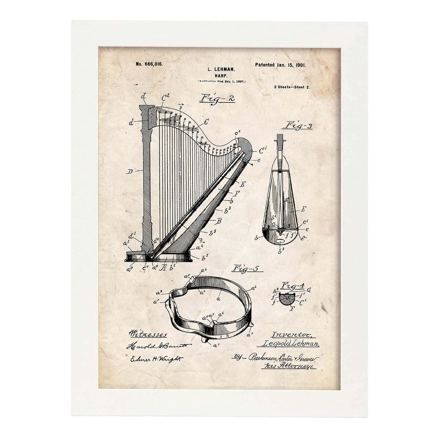 Poster con patente de Arpa 2. Lámina con diseño de patente antigua.-Artwork-Nacnic-A3-Marco Blanco-Nacnic Estudio SL