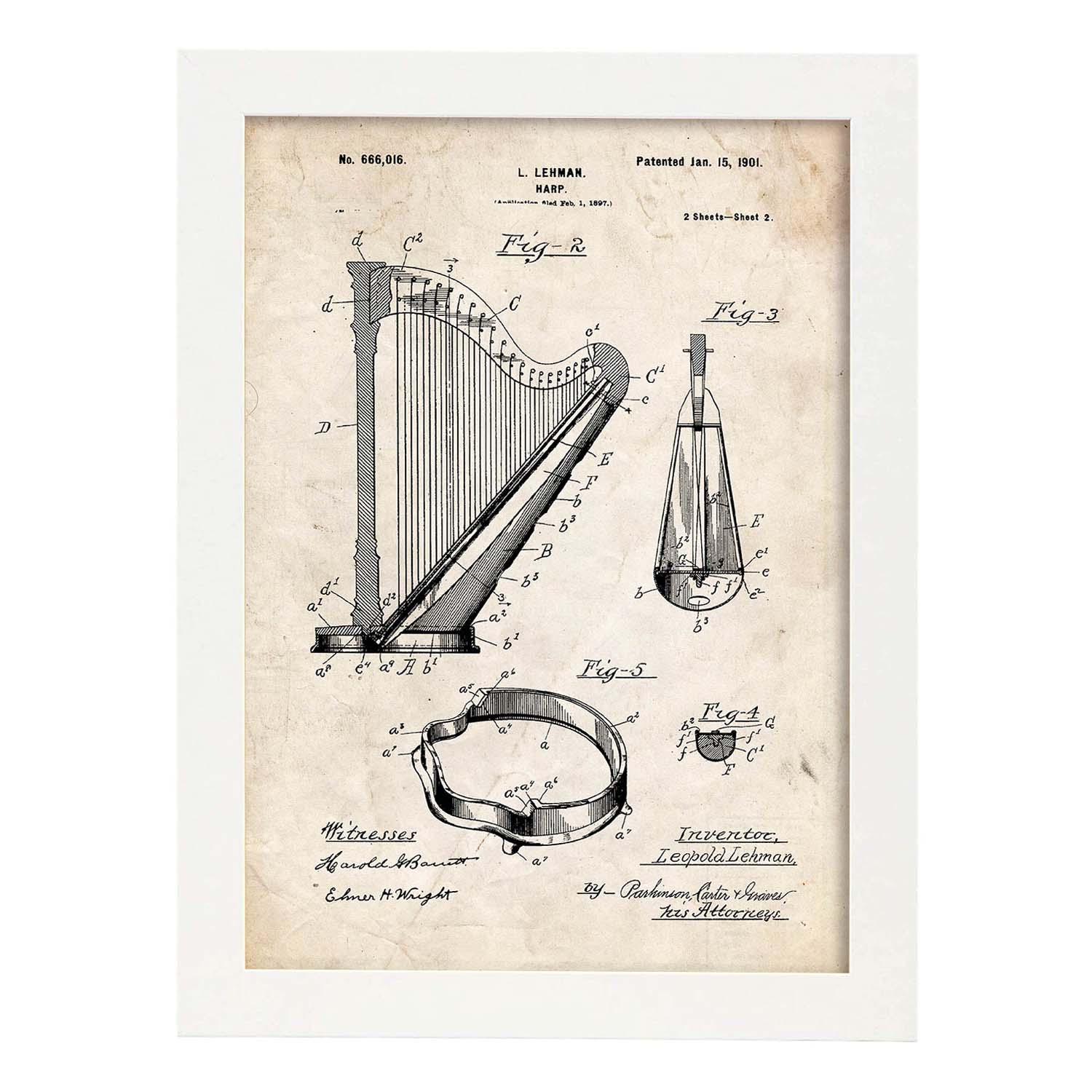 Poster con patente de Arpa 2. Lámina con diseño de patente antigua.-Artwork-Nacnic-A3-Marco Blanco-Nacnic Estudio SL