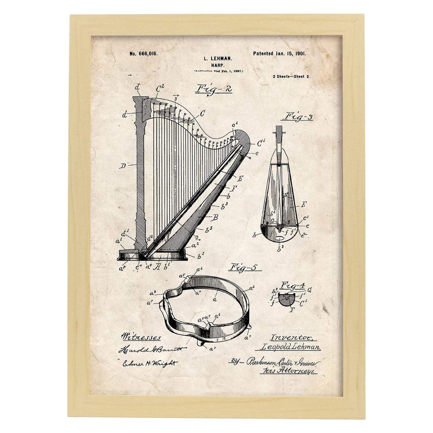 Poster con patente de Arpa 2. Lámina con diseño de patente antigua.-Artwork-Nacnic-A3-Marco Madera clara-Nacnic Estudio SL