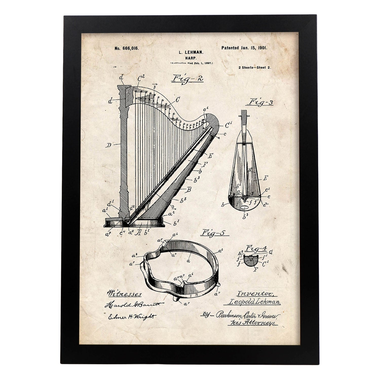 Poster con patente de Arpa 2. Lámina con diseño de patente antigua.-Artwork-Nacnic-A3-Marco Negro-Nacnic Estudio SL