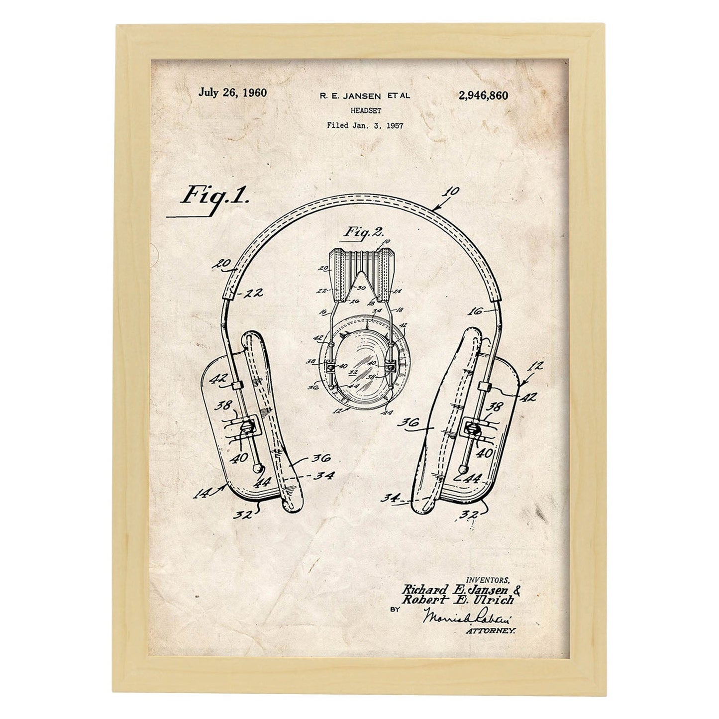 Poster con patente de Auriculares. Lámina con diseño de patente antigua.-Artwork-Nacnic-A3-Marco Madera clara-Nacnic Estudio SL