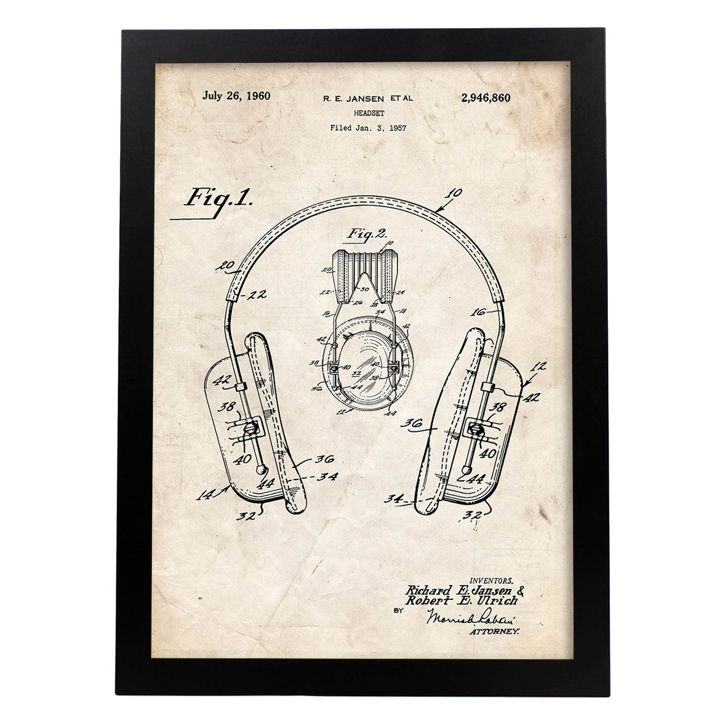 Poster con patente de Auriculares. Lámina con diseño de patente antigua.-Artwork-Nacnic-A3-Marco Negro-Nacnic Estudio SL