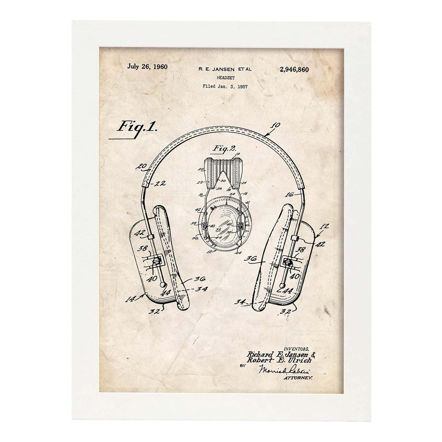 Poster con patente de Auriculares. Lámina con diseño de patente antigua.-Artwork-Nacnic-A4-Marco Blanco-Nacnic Estudio SL