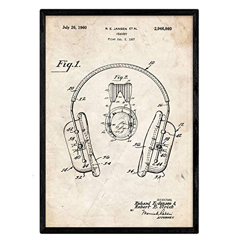 Poster con patente de Auriculares. Lámina con diseño de patente antigua.-Artwork-Nacnic-Nacnic Estudio SL