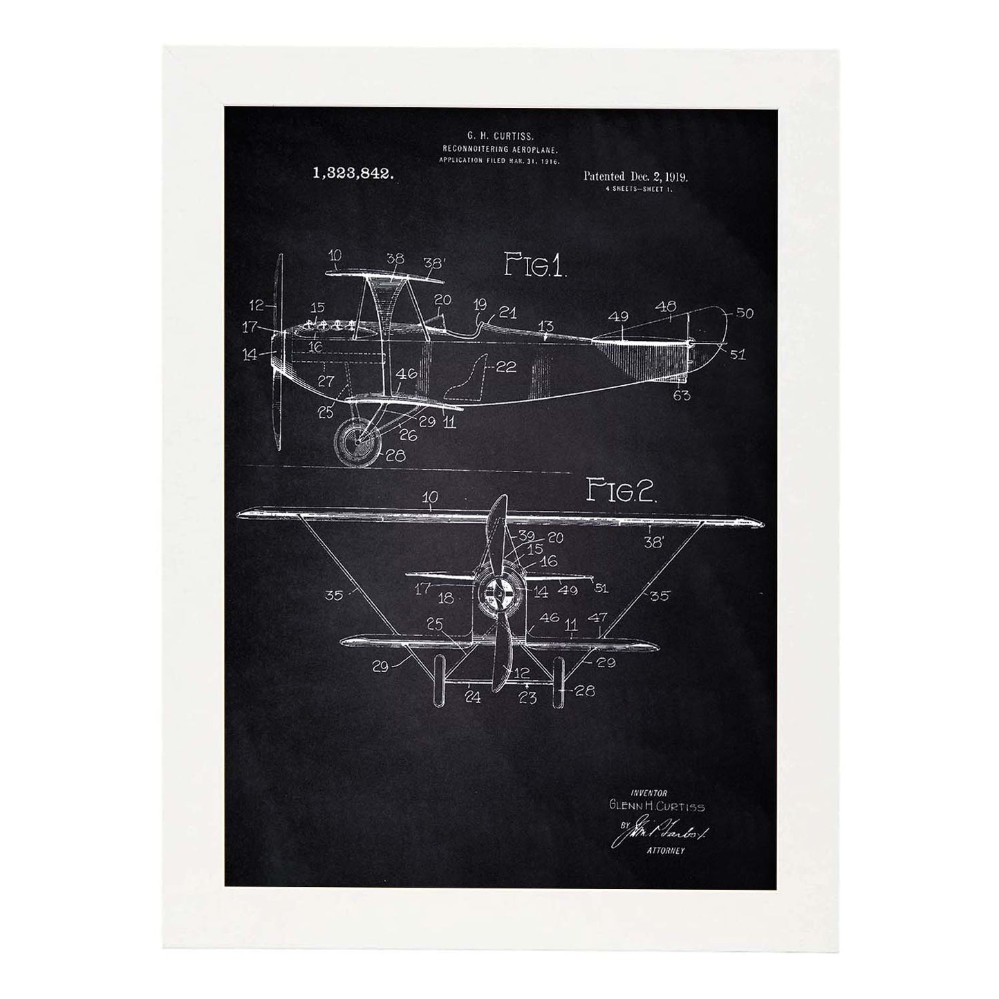 Poster con patente de Avion de reconocimiento. Lámina con diseño de patente antigua-Artwork-Nacnic-A3-Marco Blanco-Nacnic Estudio SL