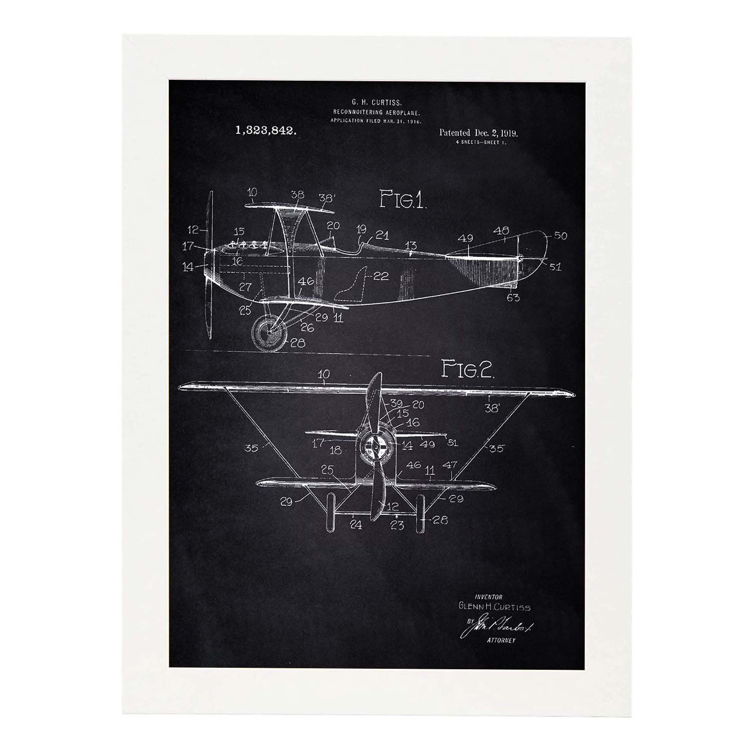 Poster con patente de Avion de reconocimiento. Lámina con diseño de patente antigua-Artwork-Nacnic-A3-Marco Blanco-Nacnic Estudio SL