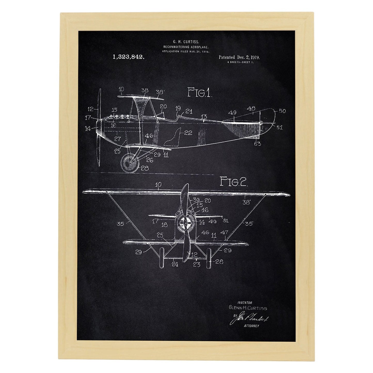 Poster con patente de Avion de reconocimiento. Lámina con diseño de patente antigua-Artwork-Nacnic-A3-Marco Madera clara-Nacnic Estudio SL