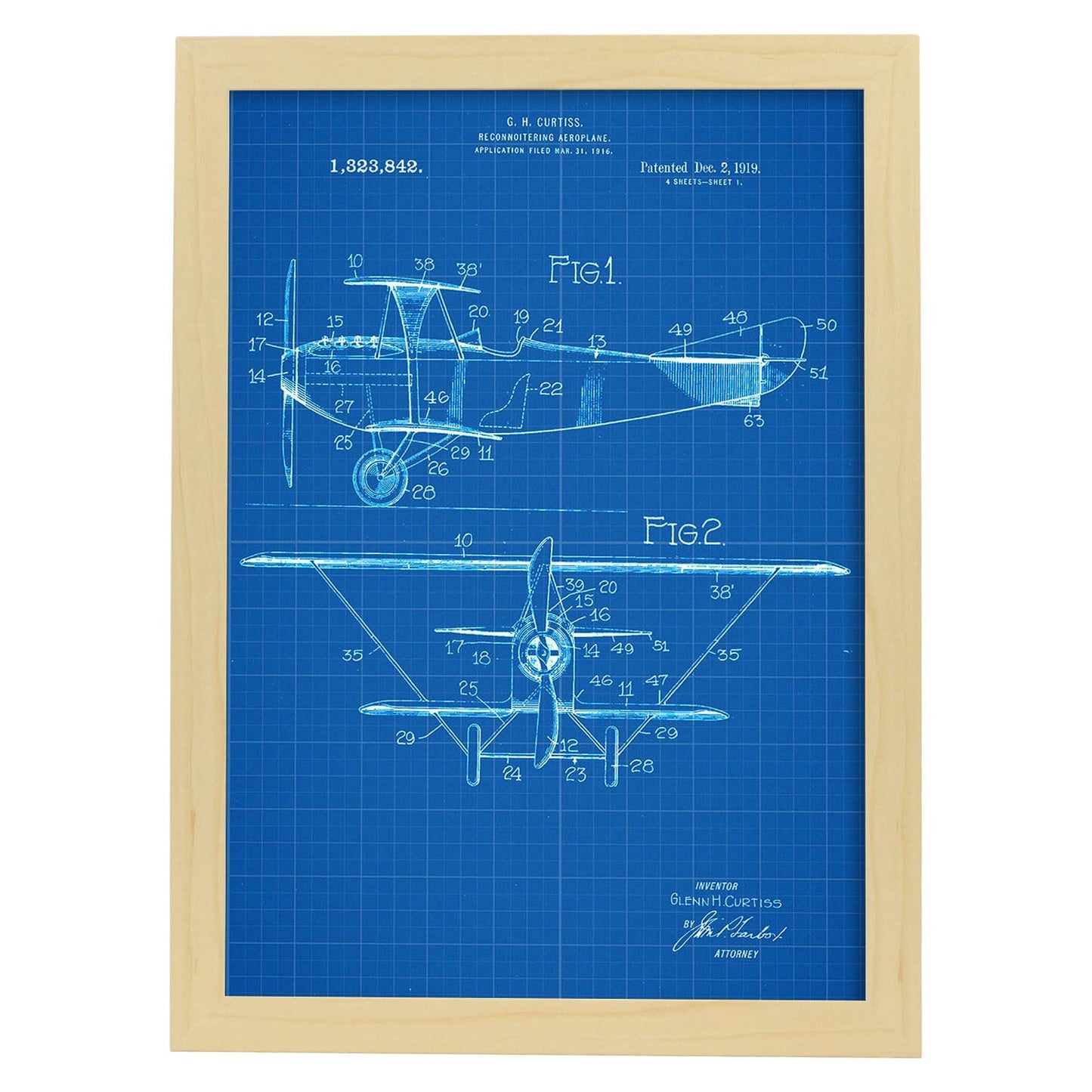 Poster con patente de Avion de reconocimiento. Lámina con diseño de patente antigua-Artwork-Nacnic-A3-Marco Madera clara-Nacnic Estudio SL