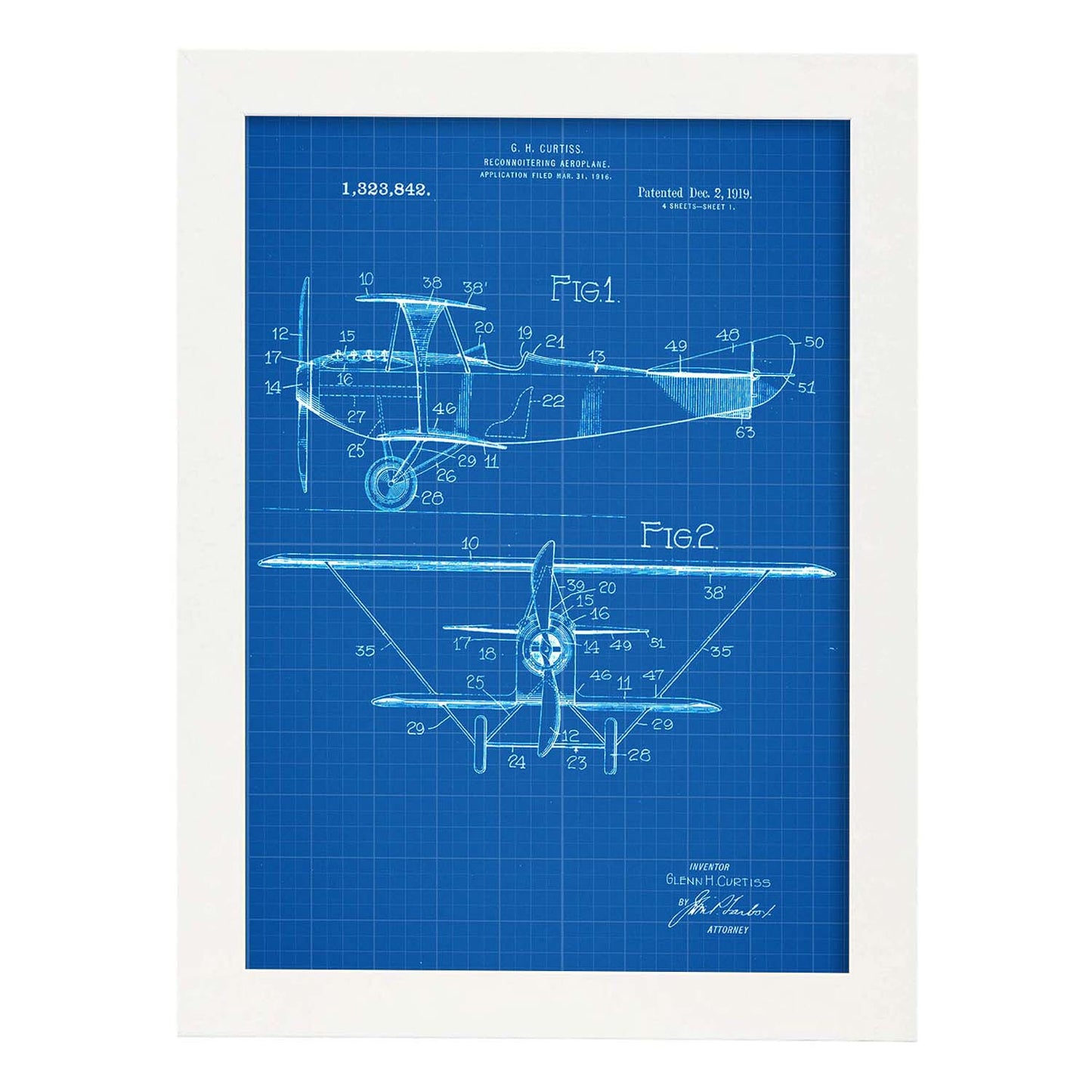 Poster con patente de Avion de reconocimiento. Lámina con diseño de patente antigua-Artwork-Nacnic-A4-Marco Blanco-Nacnic Estudio SL