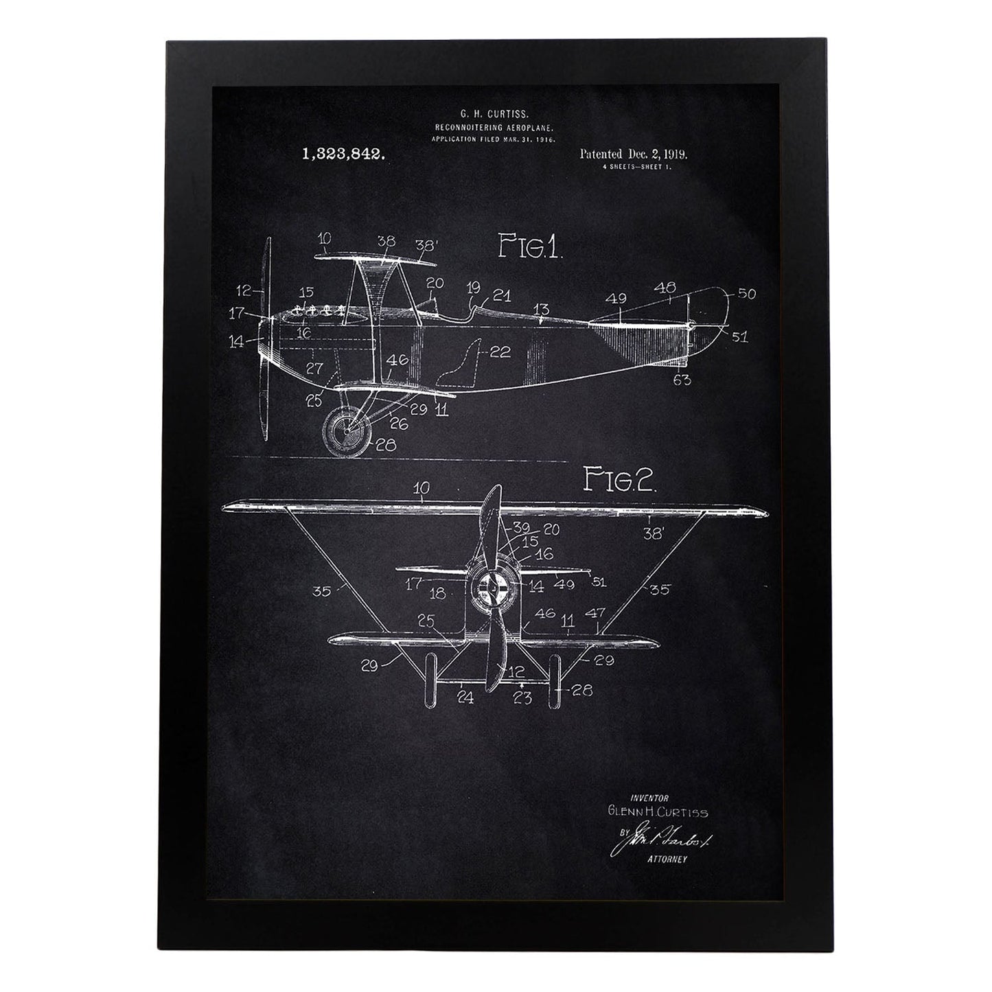 Poster con patente de Avion de reconocimiento. Lámina con diseño de patente antigua-Artwork-Nacnic-A4-Marco Negro-Nacnic Estudio SL