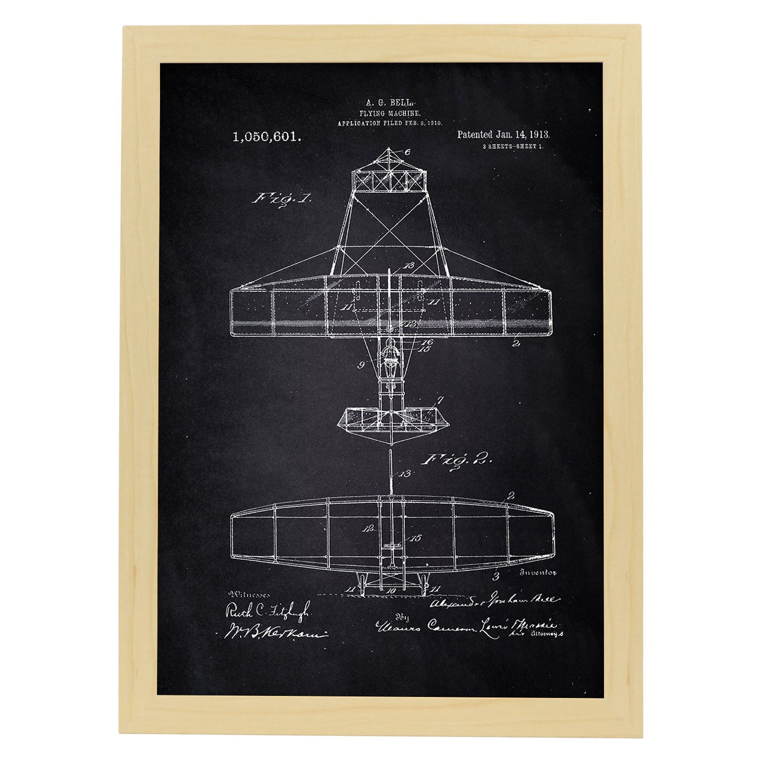 Poster con patente de Avion. Lámina con diseño de patente antigua-Artwork-Nacnic-A3-Marco Madera clara-Nacnic Estudio SL