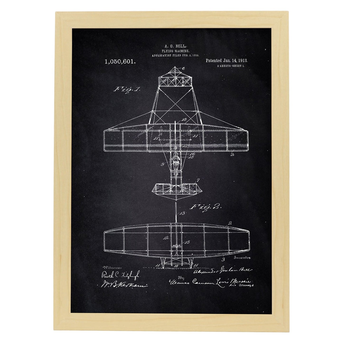 Poster con patente de Avion. Lámina con diseño de patente antigua-Artwork-Nacnic-A3-Marco Madera clara-Nacnic Estudio SL