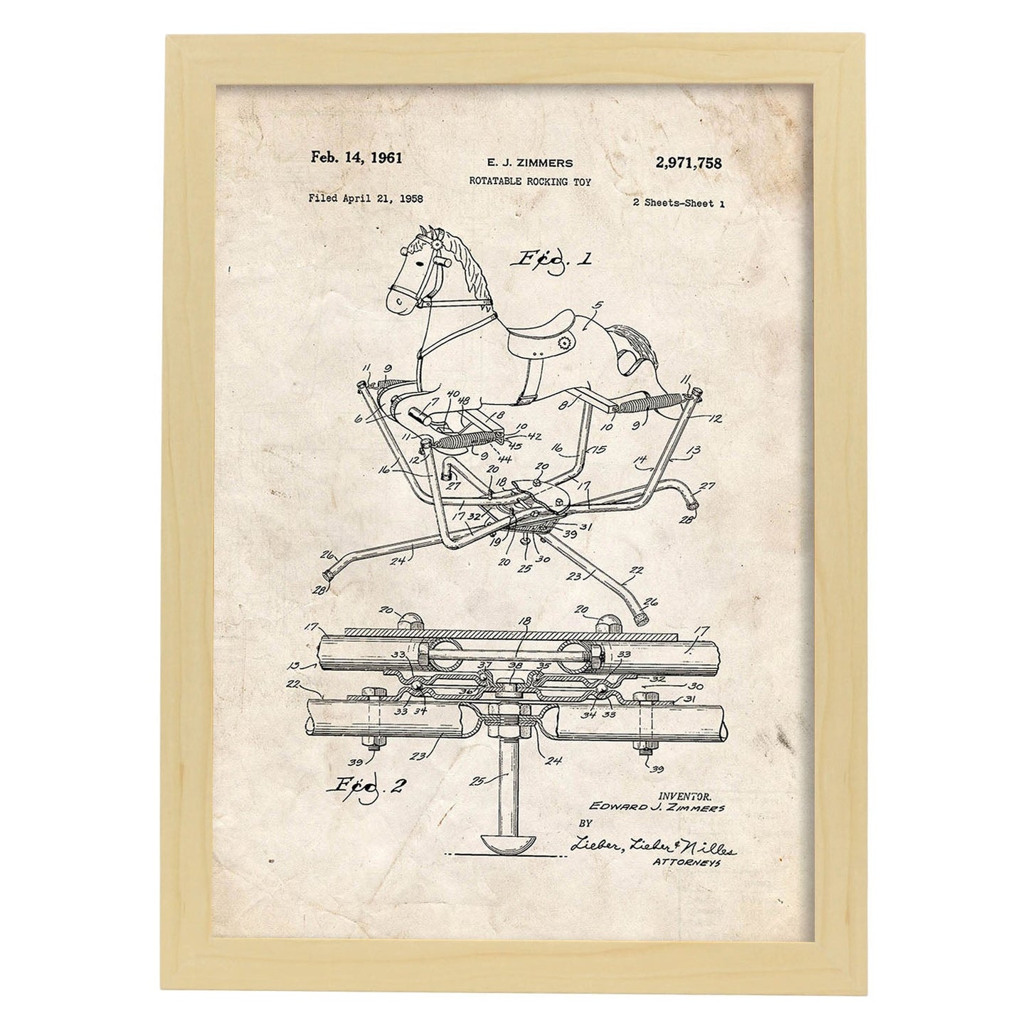 Poster con patente de Balancin caballito. Lámina con diseño de patente antigua.-Artwork-Nacnic-A3-Marco Madera clara-Nacnic Estudio SL