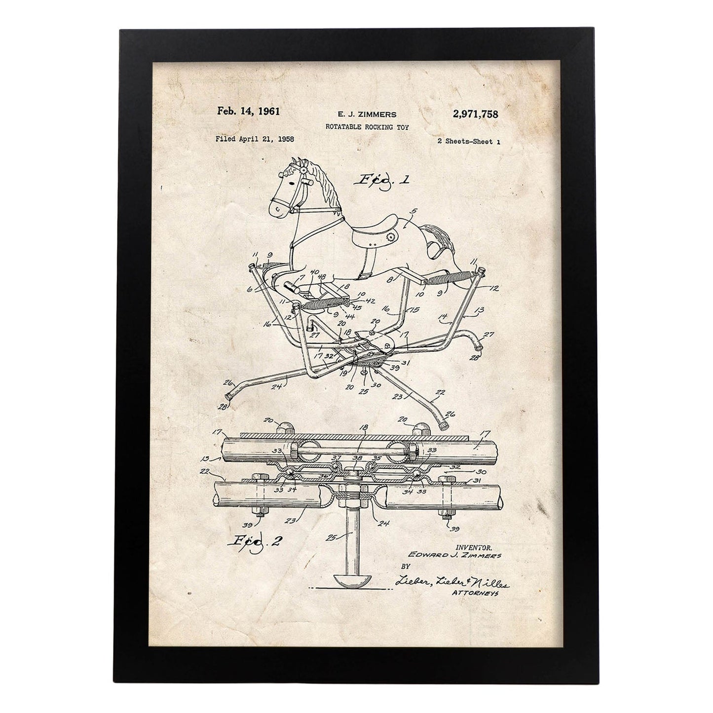 Poster con patente de Balancin caballito. Lámina con diseño de patente antigua.-Artwork-Nacnic-A4-Marco Negro-Nacnic Estudio SL