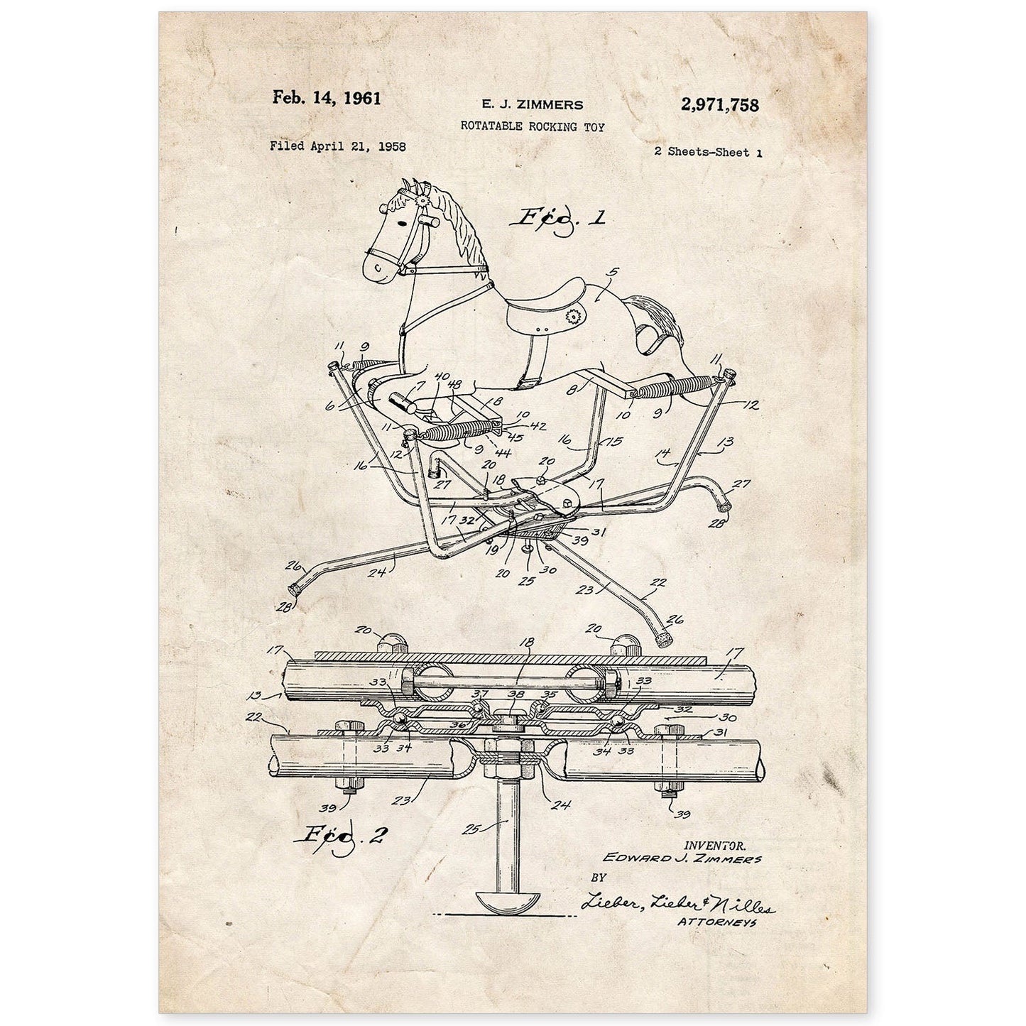 Poster con patente de Balancin caballito. Lámina con diseño de patente antigua.-Artwork-Nacnic-A4-Sin marco-Nacnic Estudio SL