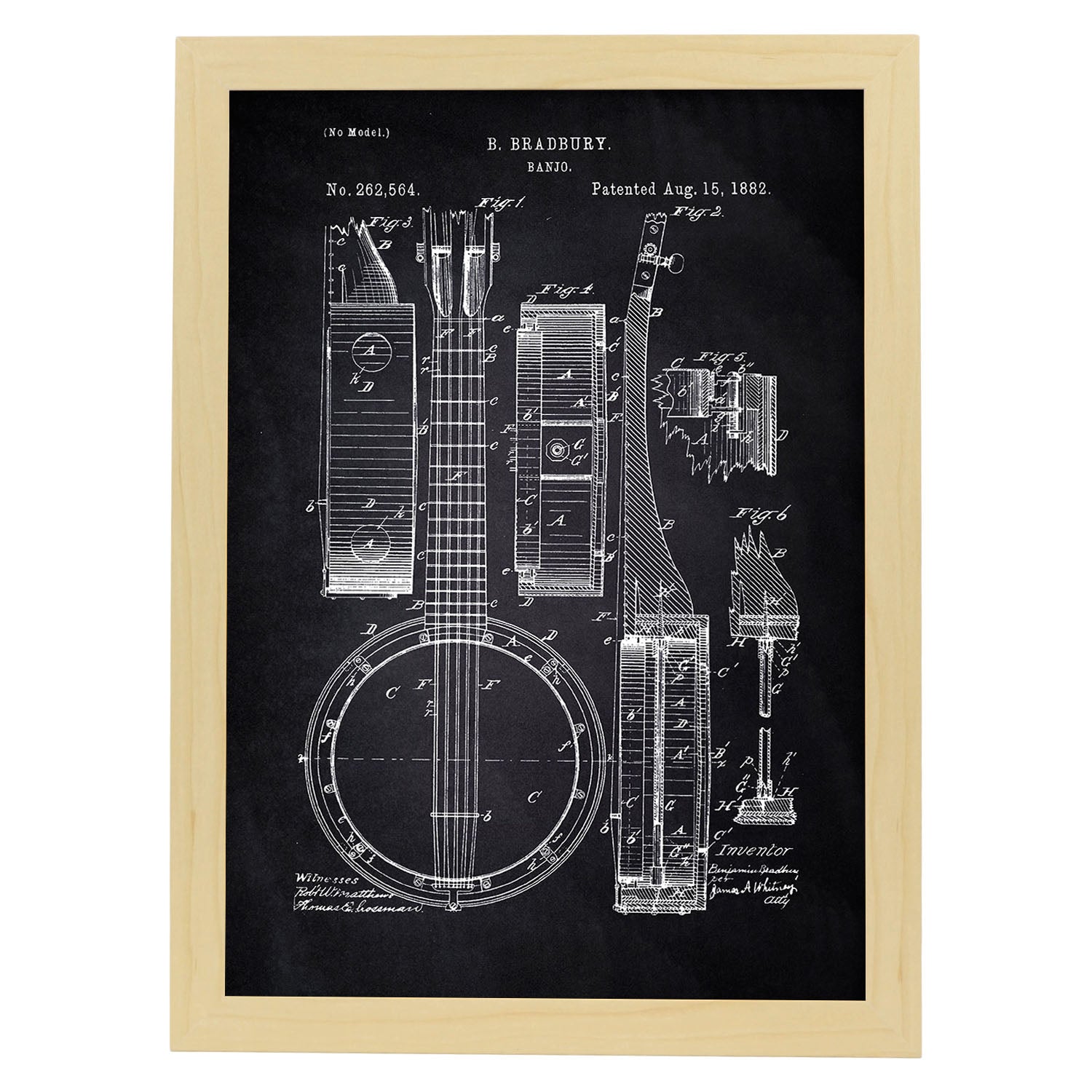 Poster con patente de Banjo. Lámina con diseño de patente antigua-Artwork-Nacnic-A3-Marco Madera clara-Nacnic Estudio SL