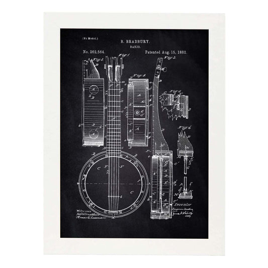 Poster con patente de Banjo. Lámina con diseño de patente antigua-Artwork-Nacnic-A4-Marco Blanco-Nacnic Estudio SL