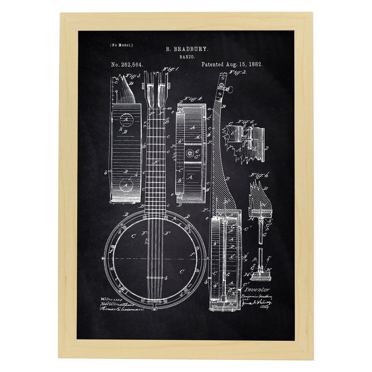 Poster con patente de Banjo. Lámina con diseño de patente antigua-Artwork-Nacnic-A4-Marco Madera clara-Nacnic Estudio SL