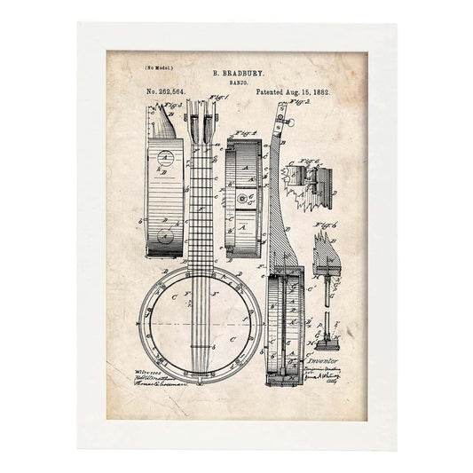 Poster con patente de Banjo. Lámina con diseño de patente antigua.-Artwork-Nacnic-A4-Marco Blanco-Nacnic Estudio SL